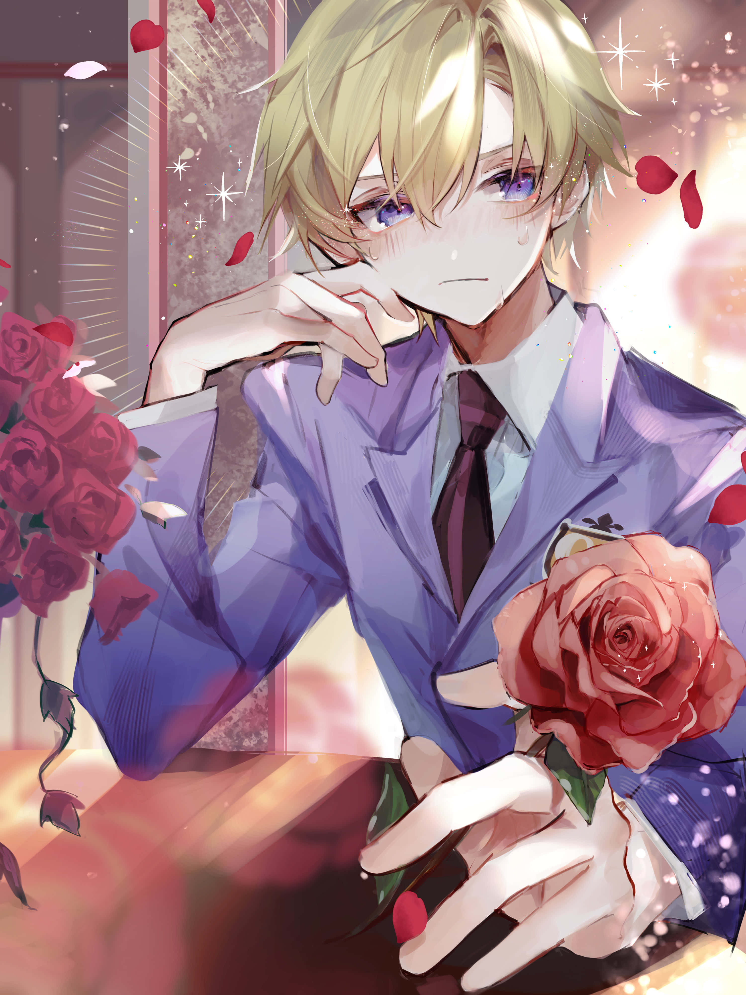 Tamaki Suoh, purple suit, red rose, 4K Phone Wallpaper