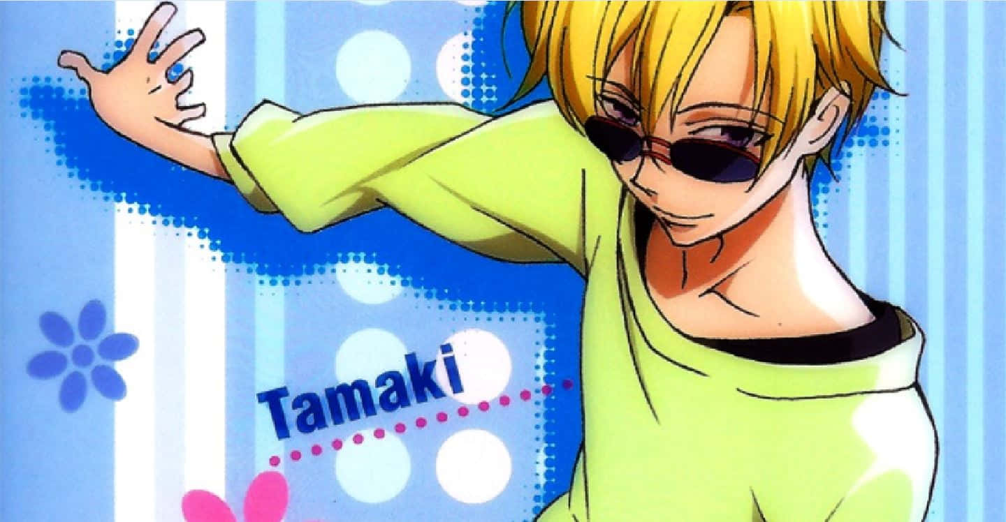 Tamaki Suoh, bright blue background, floral patterns, HD Desktop Wallpaper
