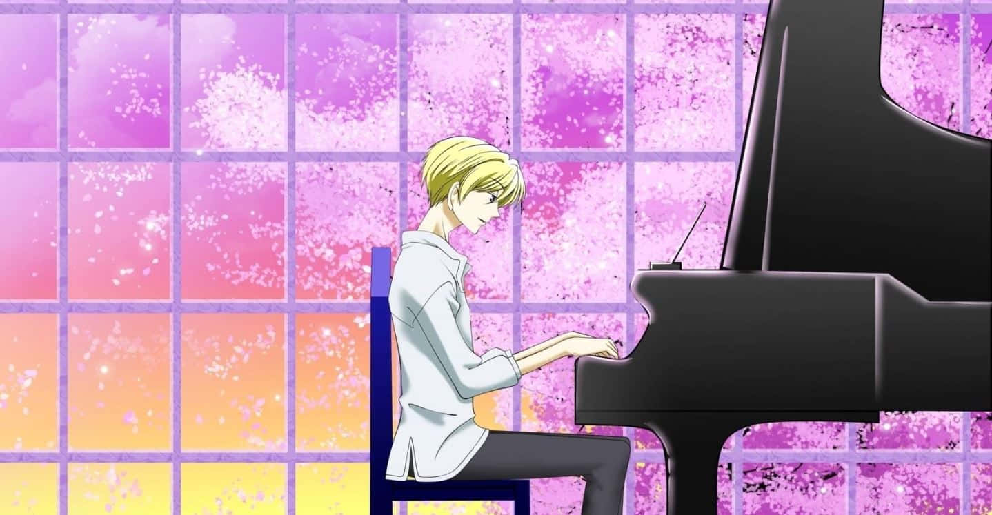 Tamaki Suoh, black grand piano, vibrant pink and orange windowpane background, HD Desktop Wallpaper