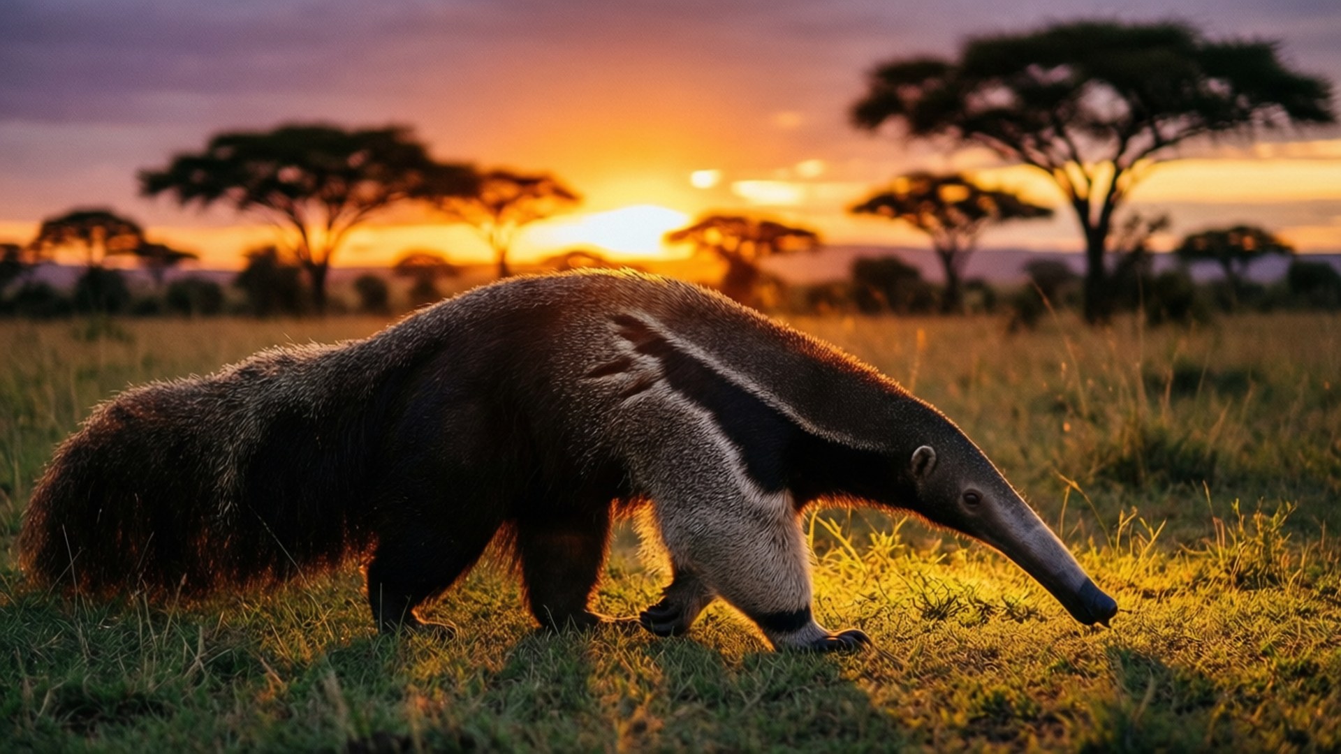 Tamandua, savanna, sunset, Full HD Desktop Wallpaper