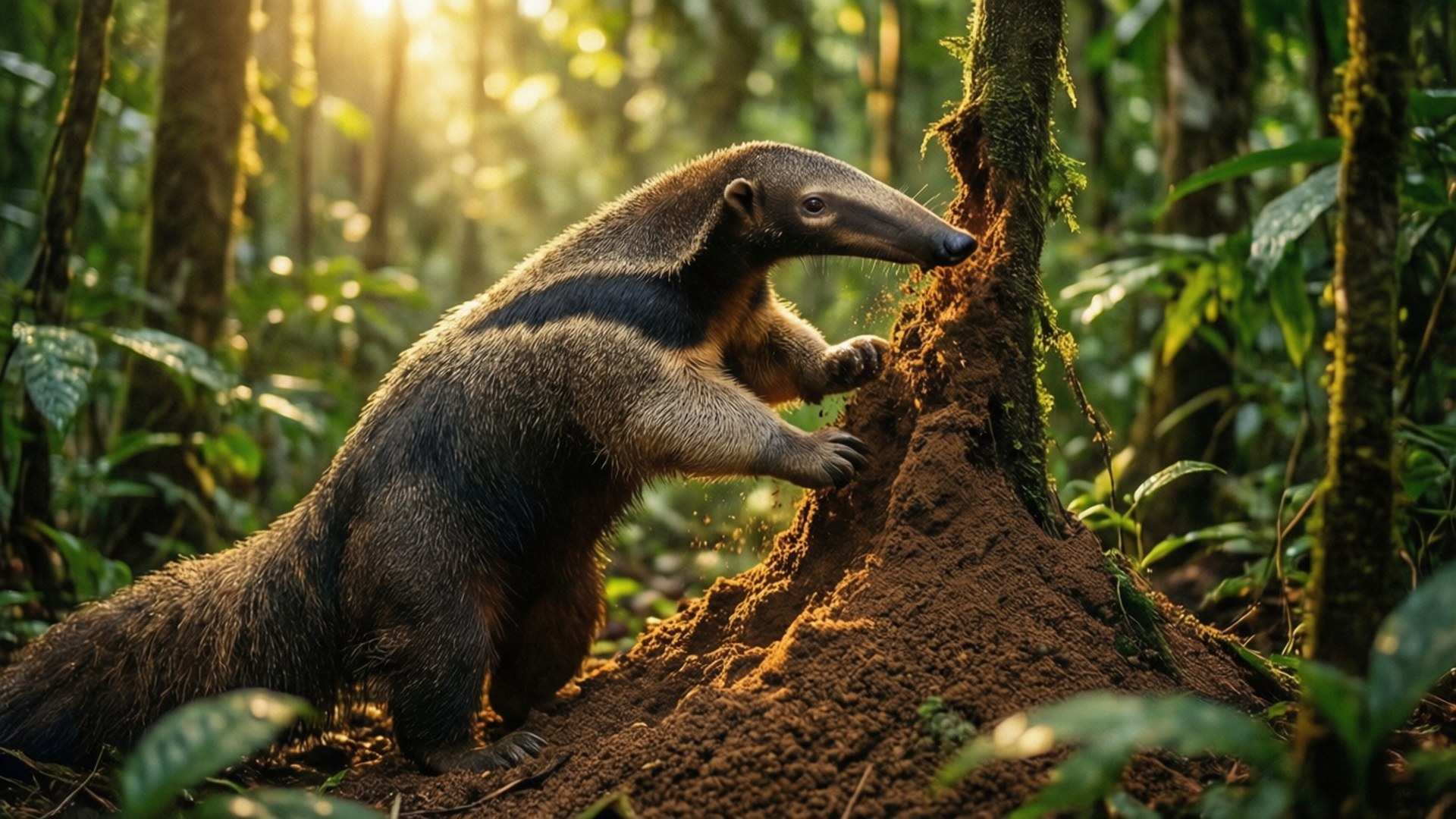 Tamandua, termite mound, sunlit rainforest, Full HD Desktop Wallpaper