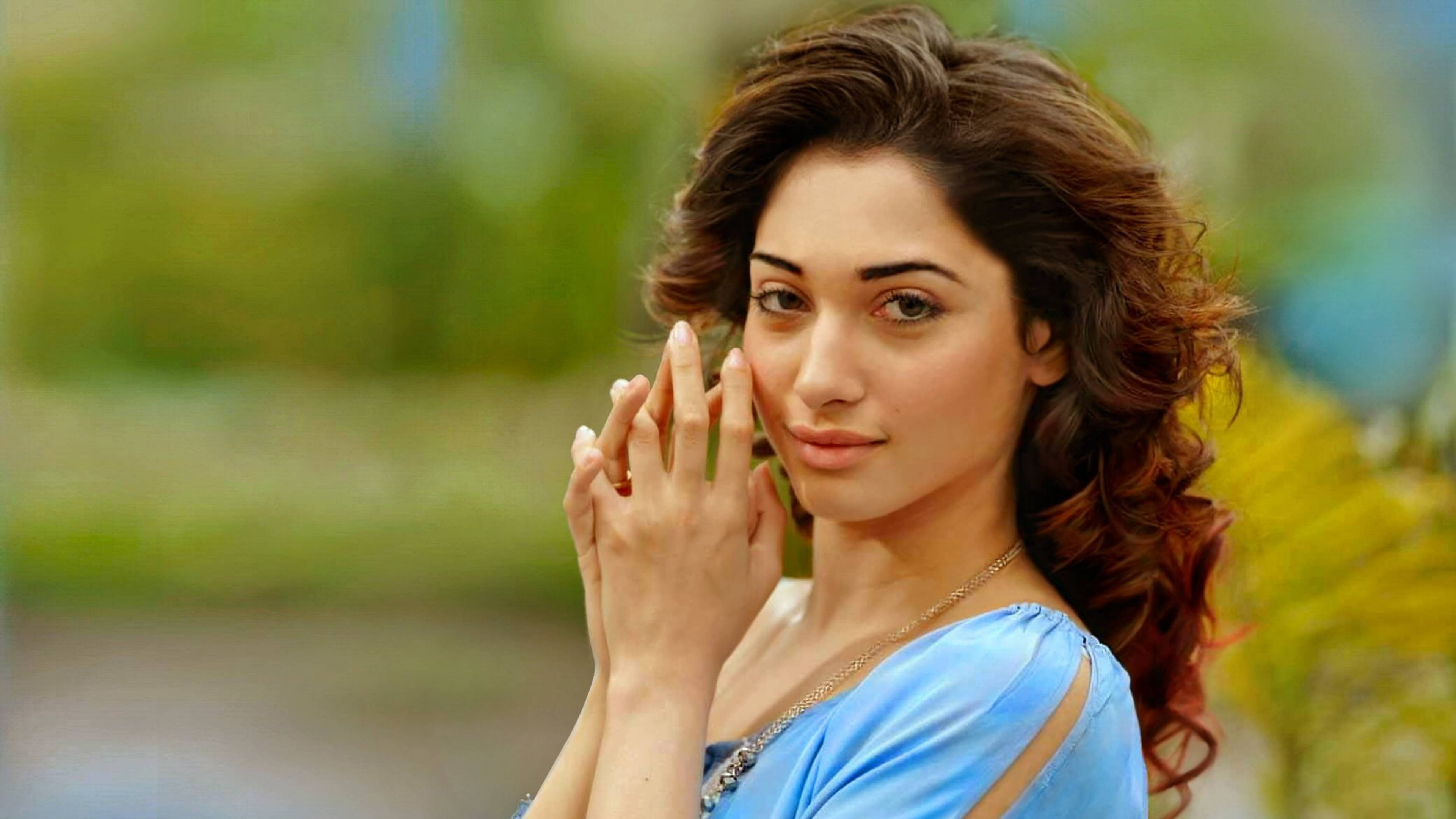 Tamannaah Bhatia, wavy brown hair, blue dress, 4K Desktop Wallpaper