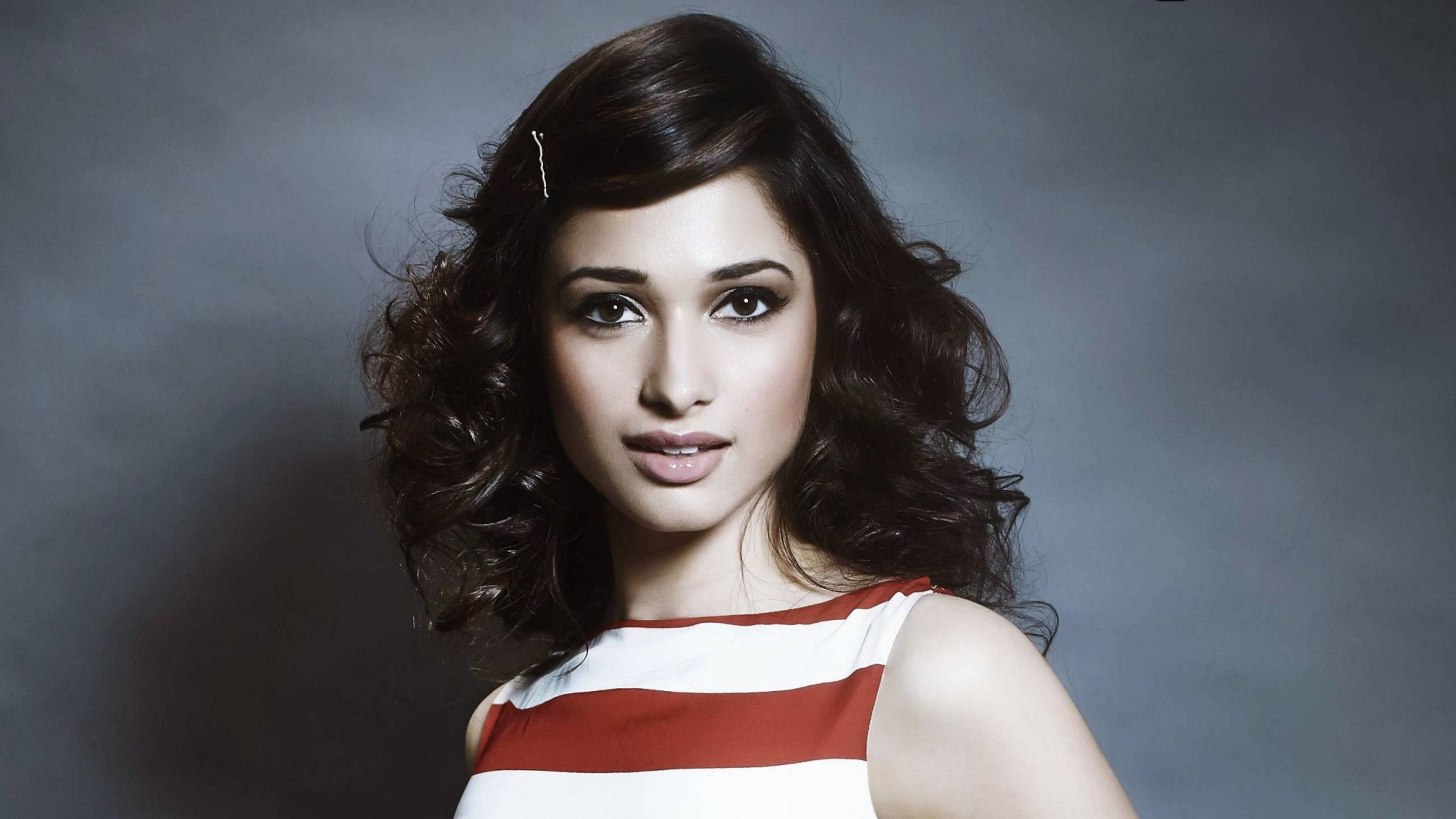 Tamannaah Bhatia, wavy brown hair, red and white striped top, 4K Desktop Wallpaper
