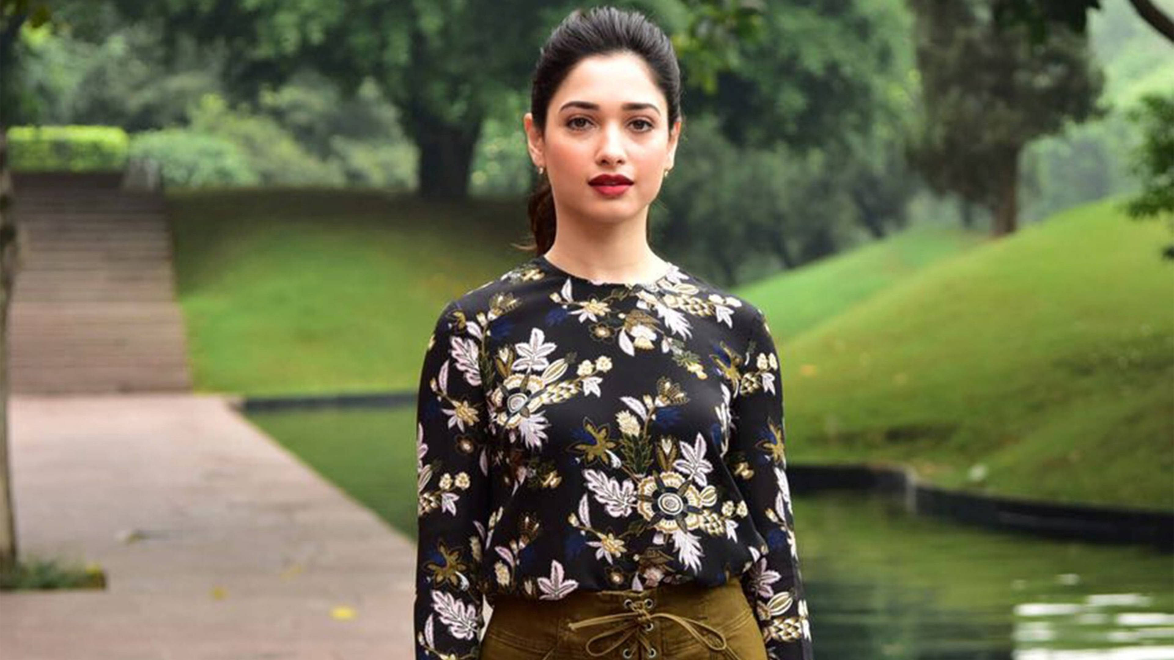 Tamannaah Bhatia, western suit, garden path, 4K Desktop Wallpaper