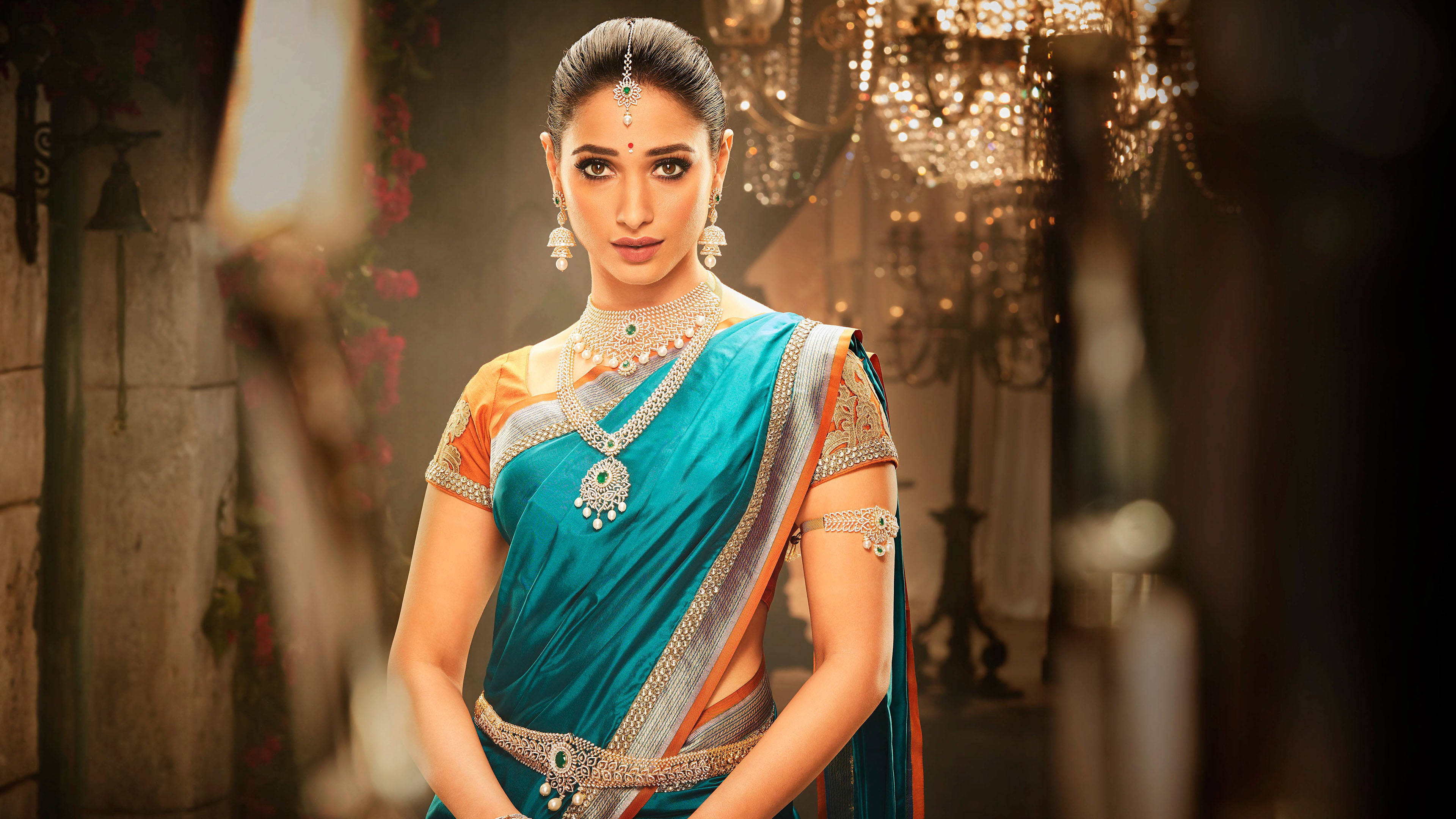 Tamannaah Bhatia, teal and gold sari, intricate jewelry, 4K Desktop Wallpaper