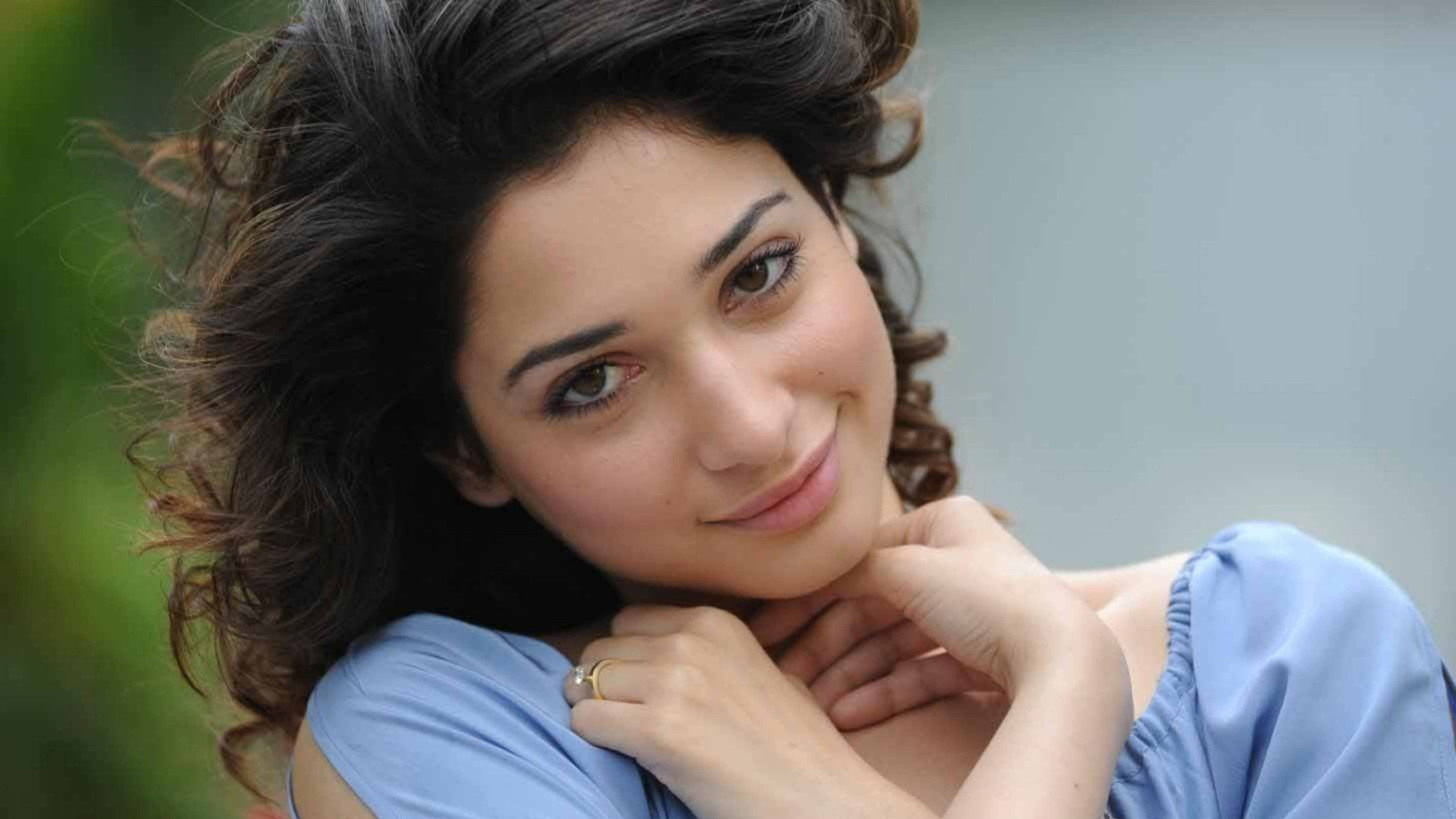 Tamannaah Bhatia, dark curly hair, light blue top, 4K Desktop Wallpaper