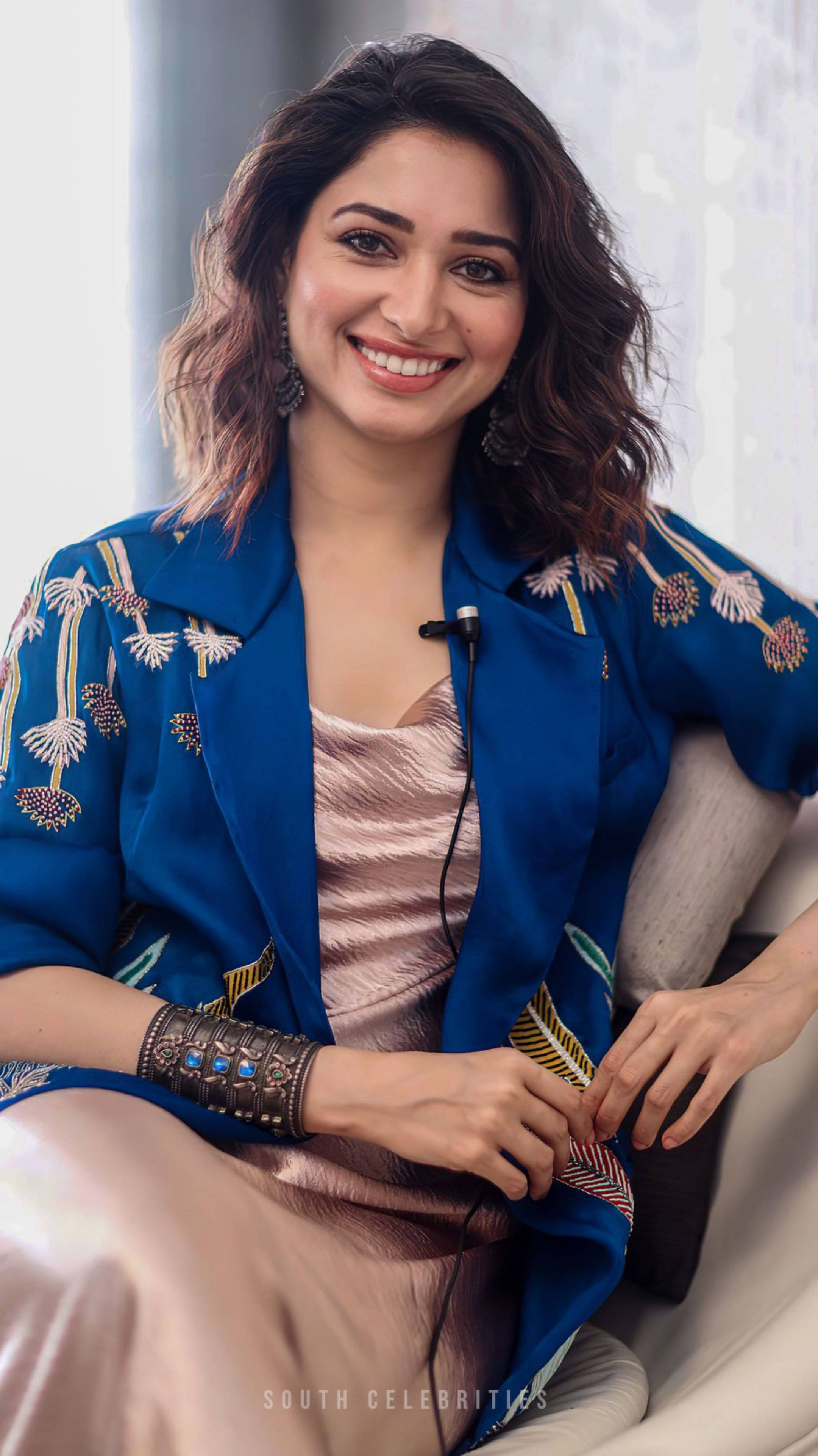 Tamannaah Bhatia, blue embroidered jacket, metallic top, 4K Phone Wallpaper