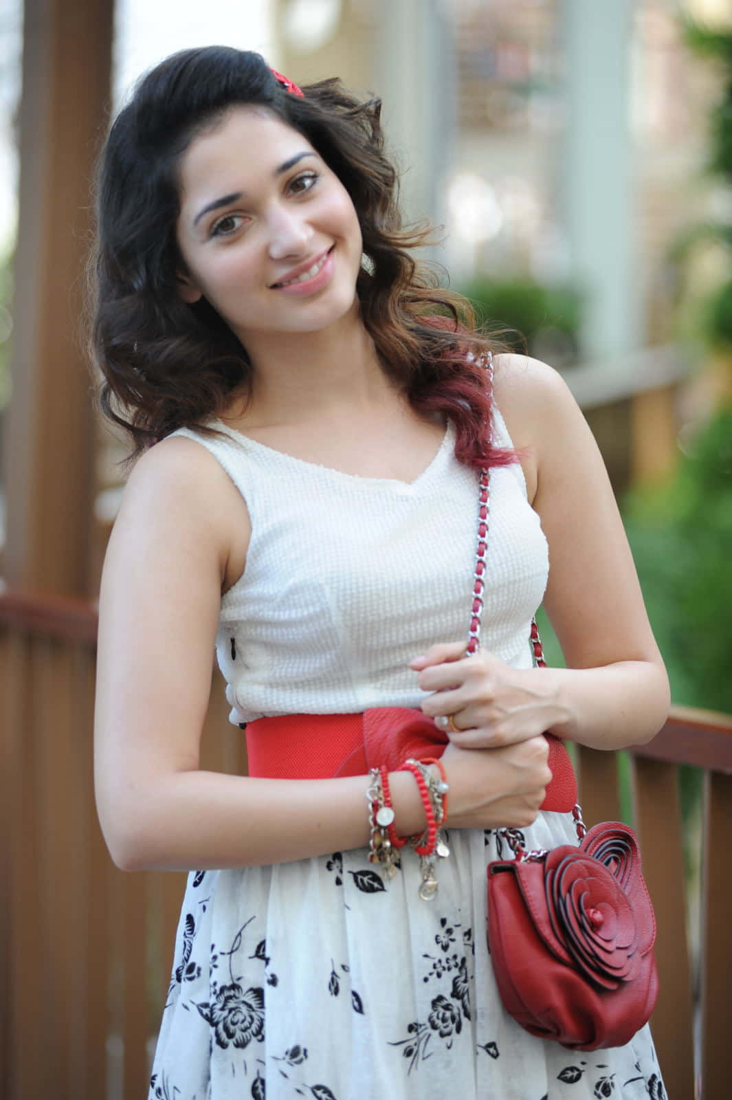 Tamannaah, white floral dress, red rose-shaped purse, HD Phone Wallpaper