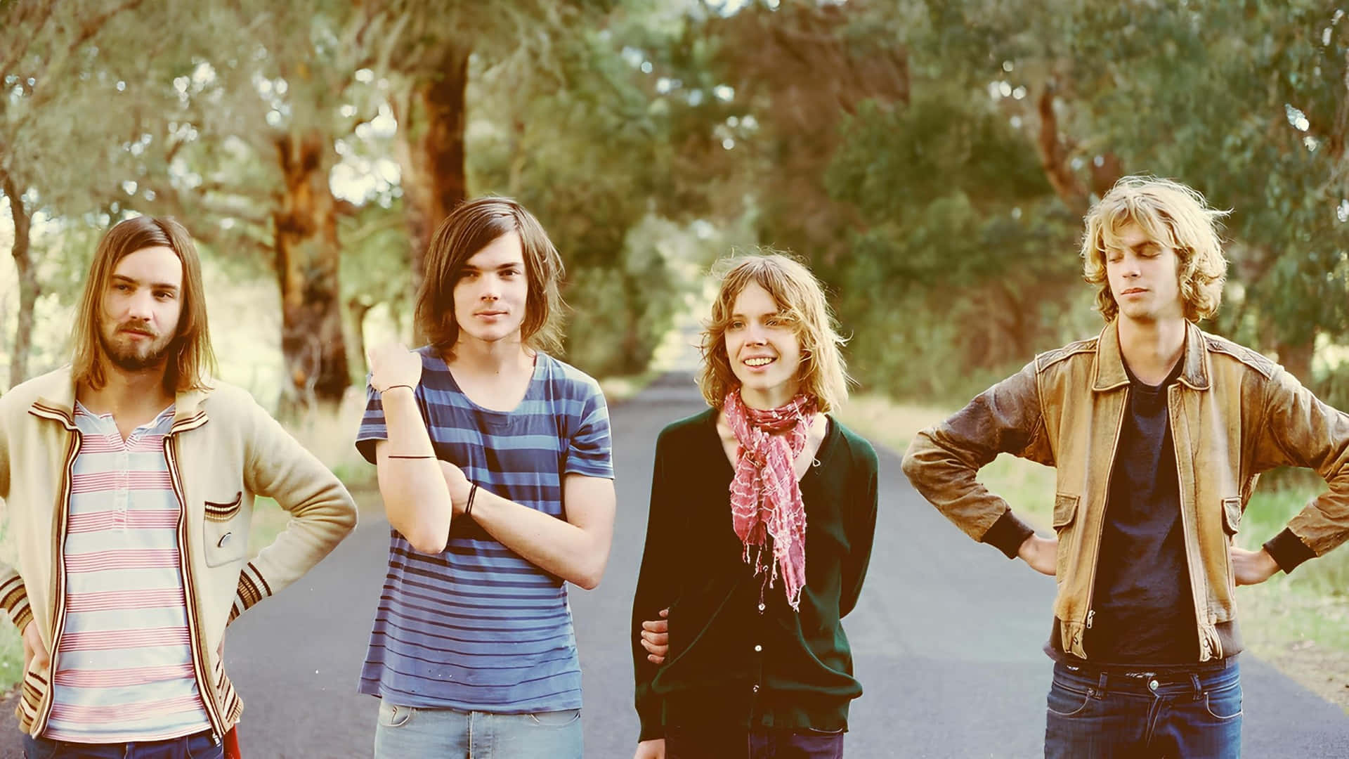 Tame Impala, early band photo, tree-lined road, Full HD Desktop Wallpaper