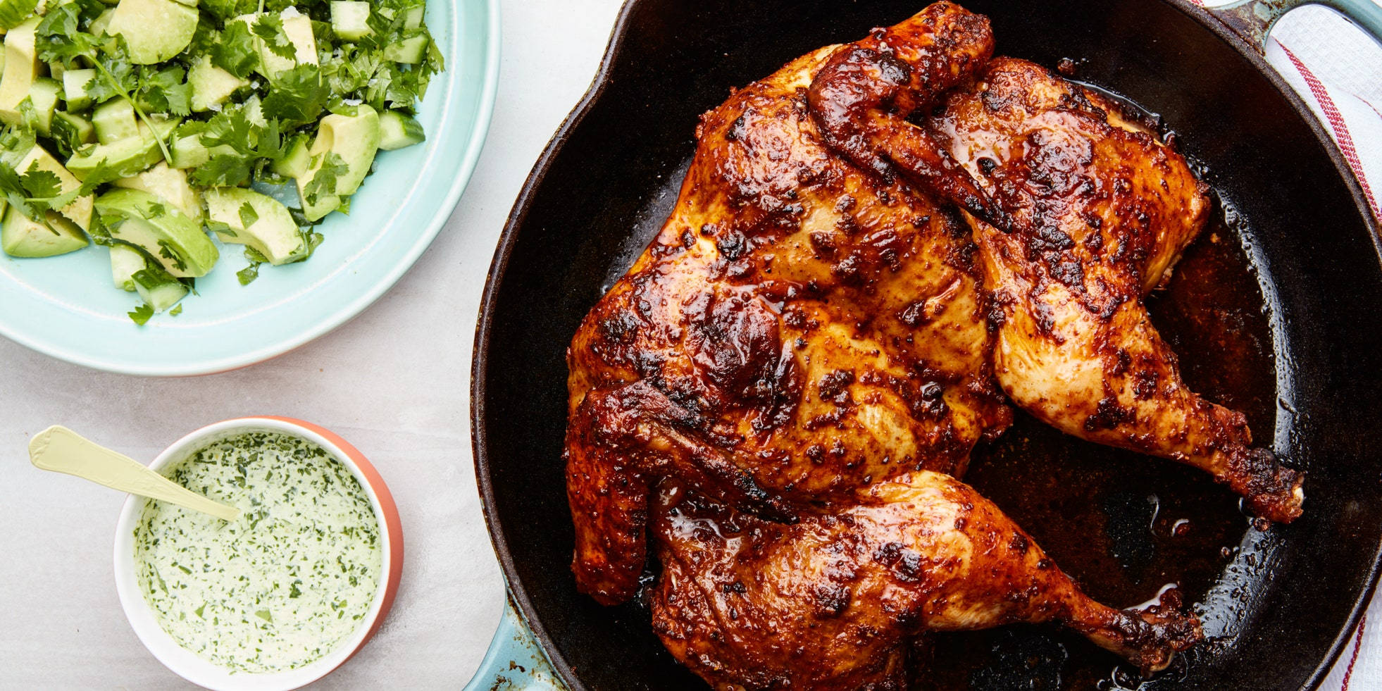 Grilled Tandoori Chicken, cast iron skillet, avocado cilantro salad, Full HD Desktop Wallpaper