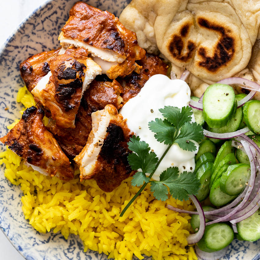 Tandoori Chicken, yellow rice, yogurt cucumber, SD Desktop Wallpaper