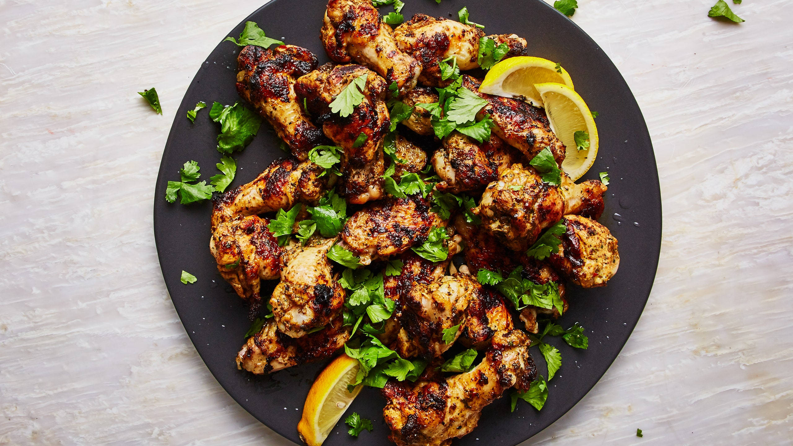 Tandoori Chicken Wings, grilled chicken wings, fresh cilantro, 2K Desktop Wallpaper