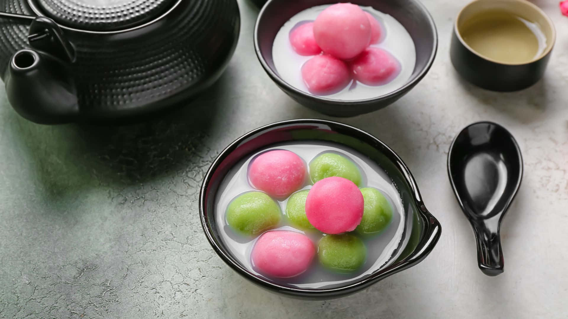 Colorful Tangyuan Dessert, pink mochi dumplings, green mochi dumplings, Full HD Desktop Wallpaper