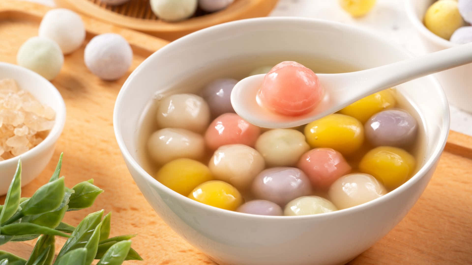 colorful tangyuan dessert, white bowl, colorful translucent glutinous rice balls, Full HD Desktop Wallpaper
