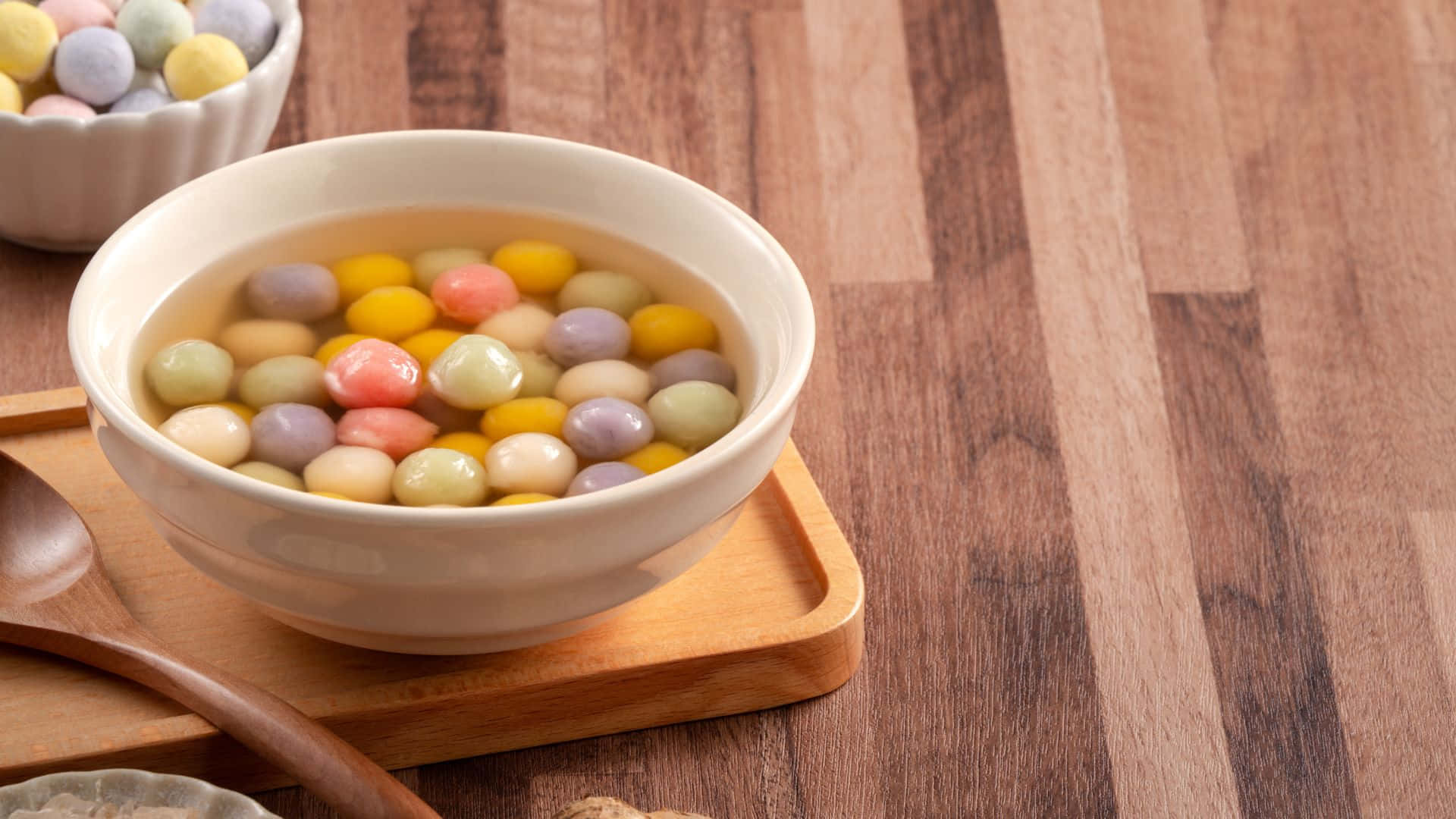 colorful tangyuan dessert, white bowl, translucent tapioca pearls, Full HD Desktop Wallpaper