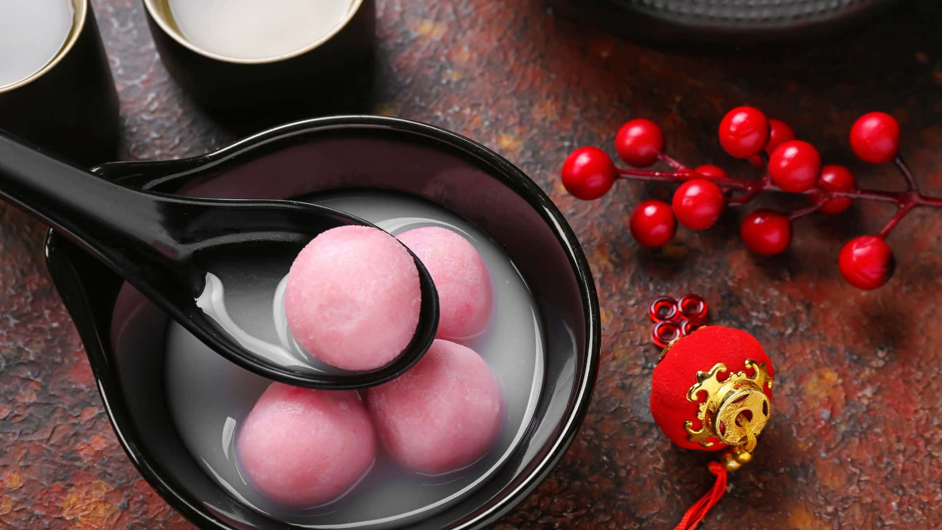 Tangyuan, glutinous rice balls, black bowl, Full HD Desktop Wallpaper