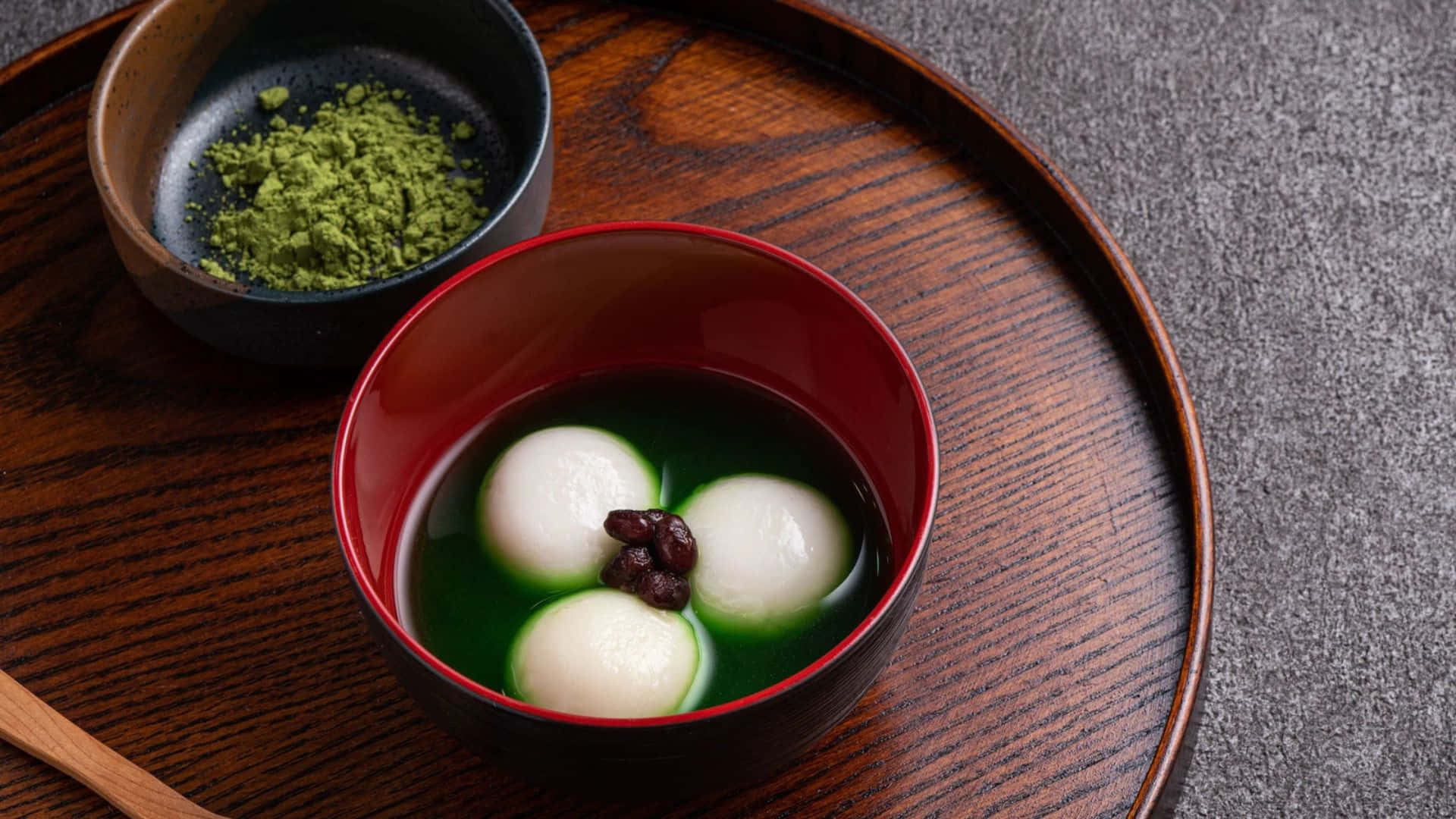 Tangyuan, matcha, red-rimmed bowl, Full HD Desktop Wallpaper