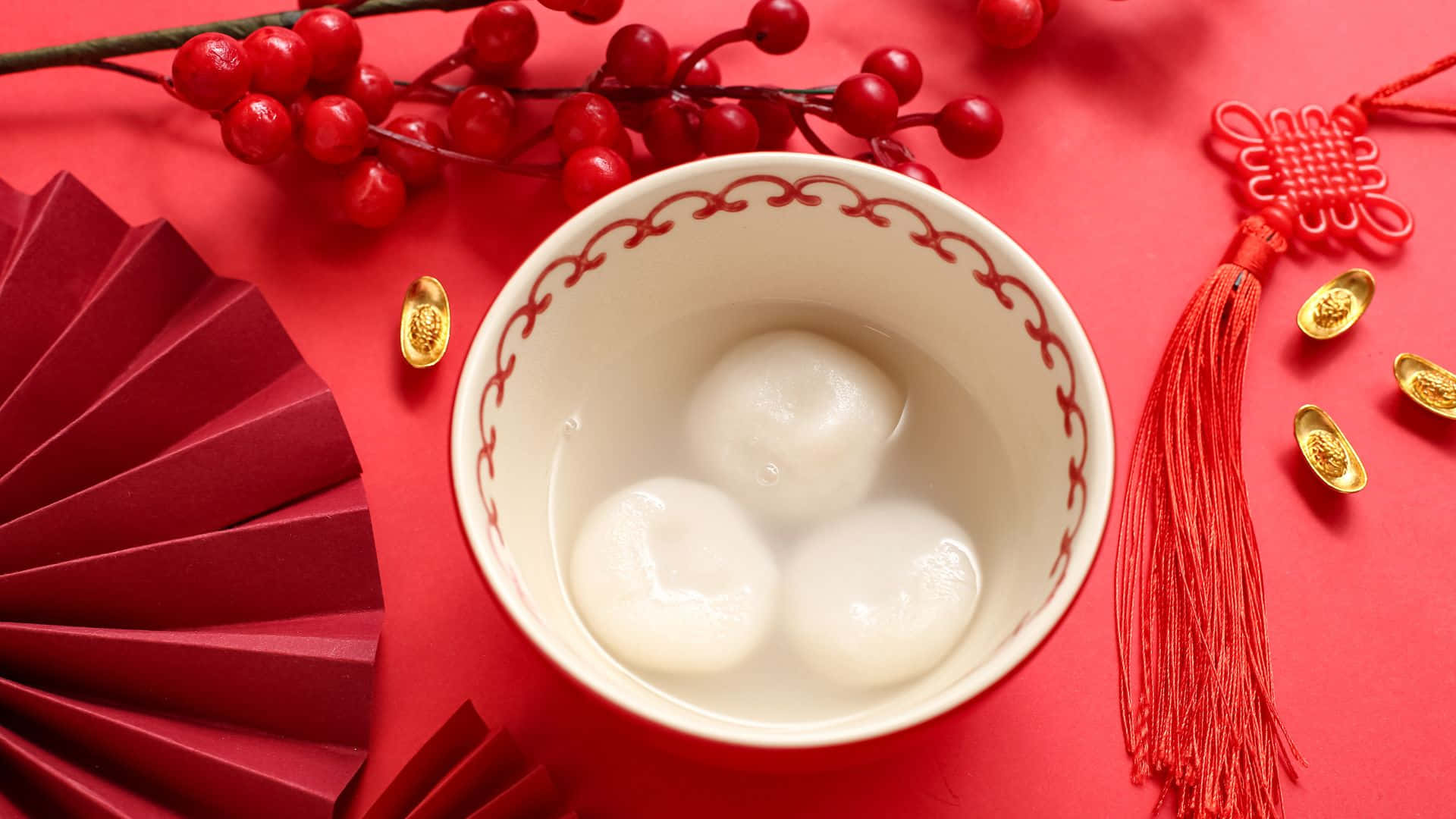 tangyuan, white bowl, red patterned rim, Full HD Desktop Wallpaper