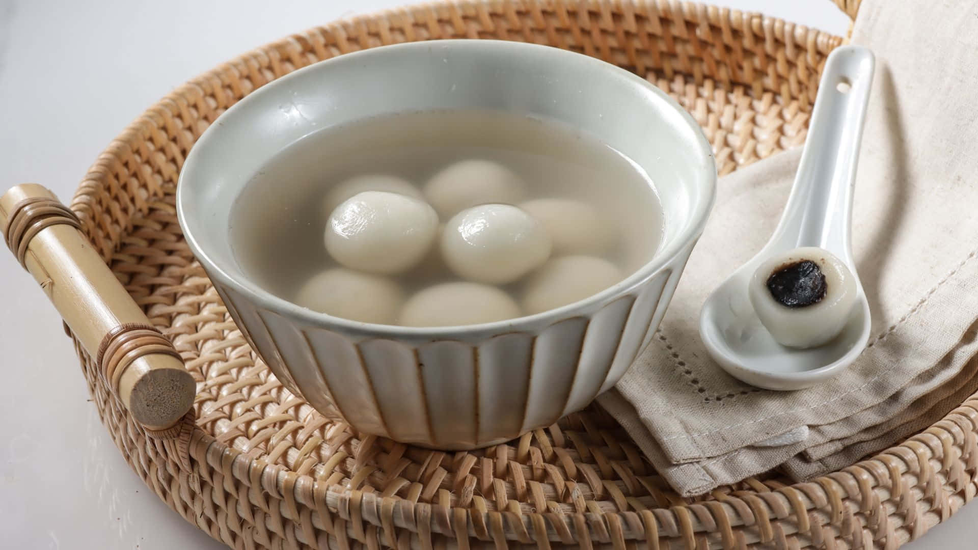 white ceramic bowl, steaming sweet rice balls, clear broth, Full HD Desktop Wallpaper