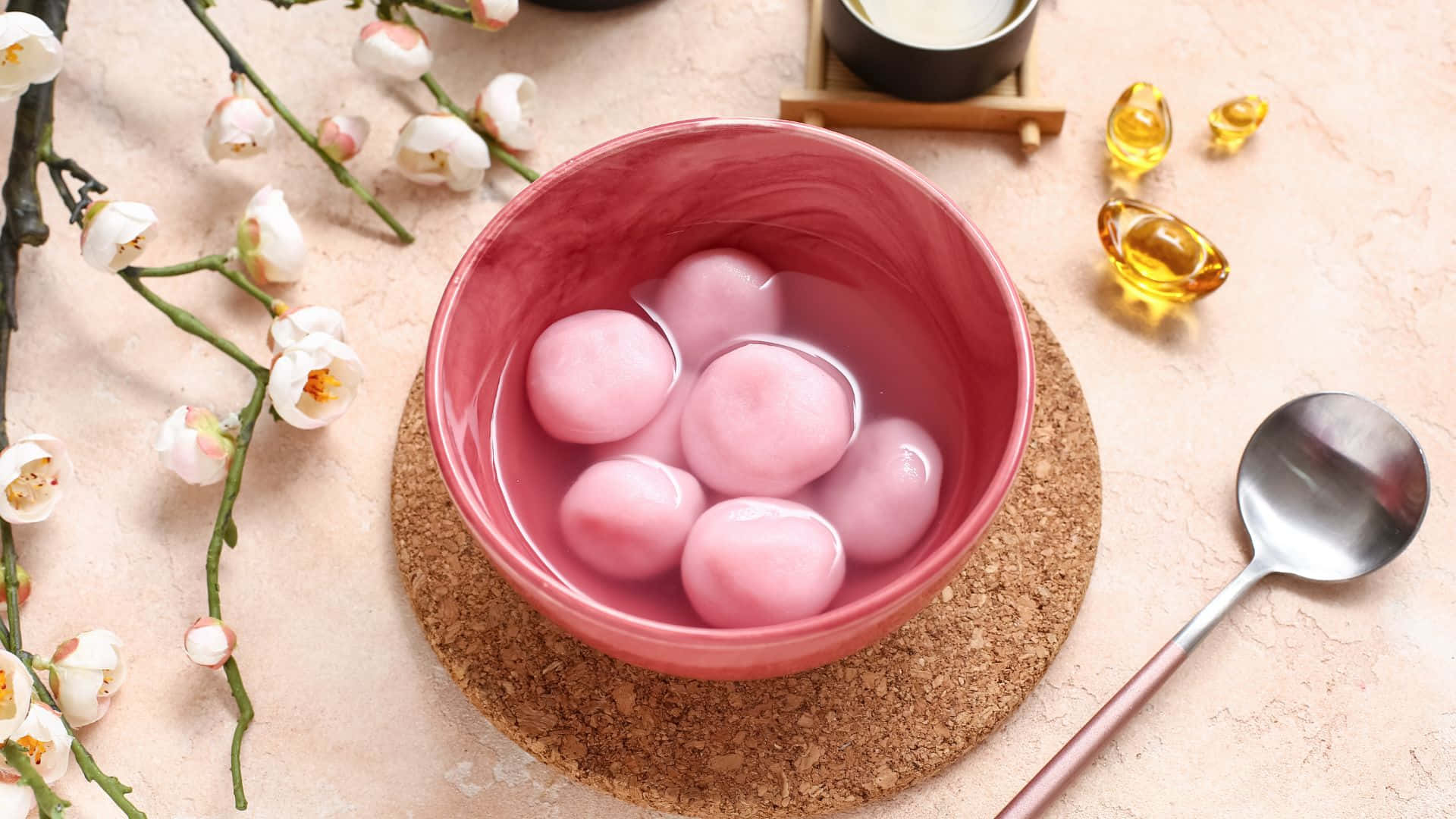 pink tangyuan, bowl, cherry blossoms, Full HD Desktop Wallpaper