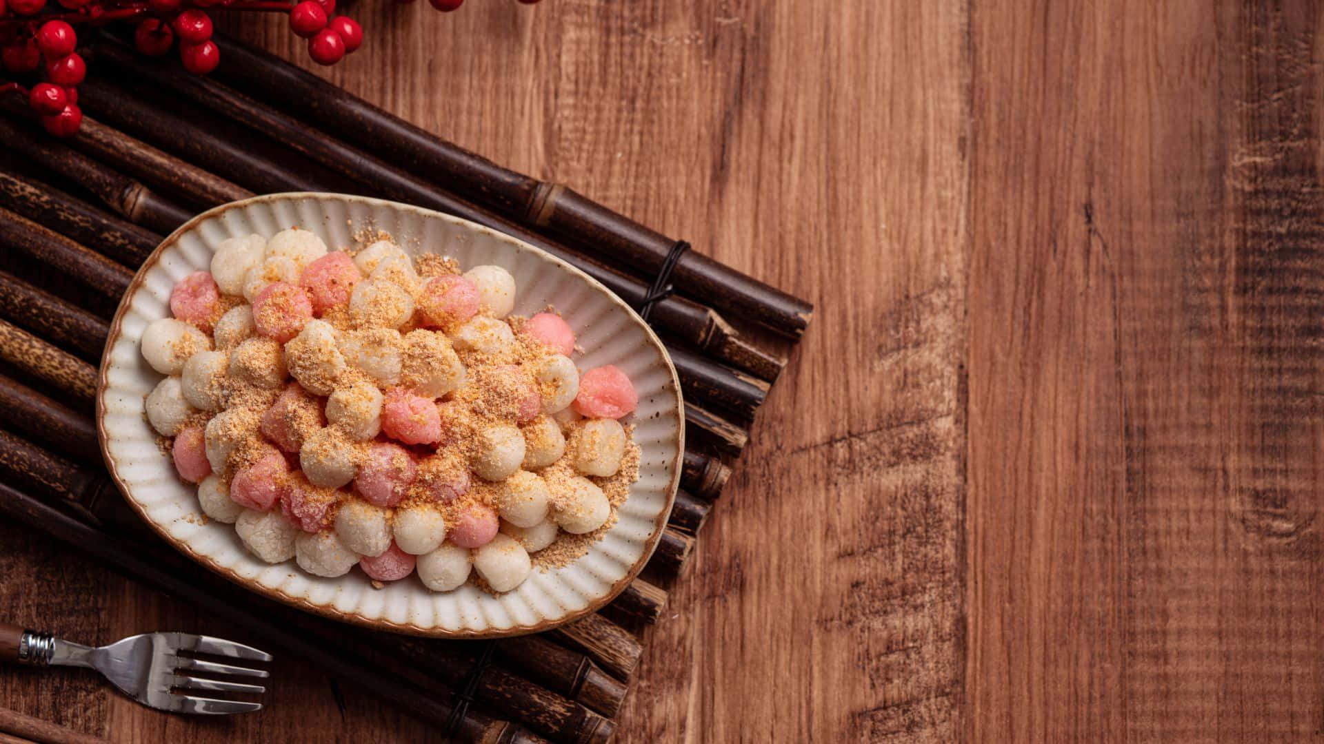 pink and white glutinous rice balls, brown powder, bamboo mat, Full HD Desktop Wallpaper