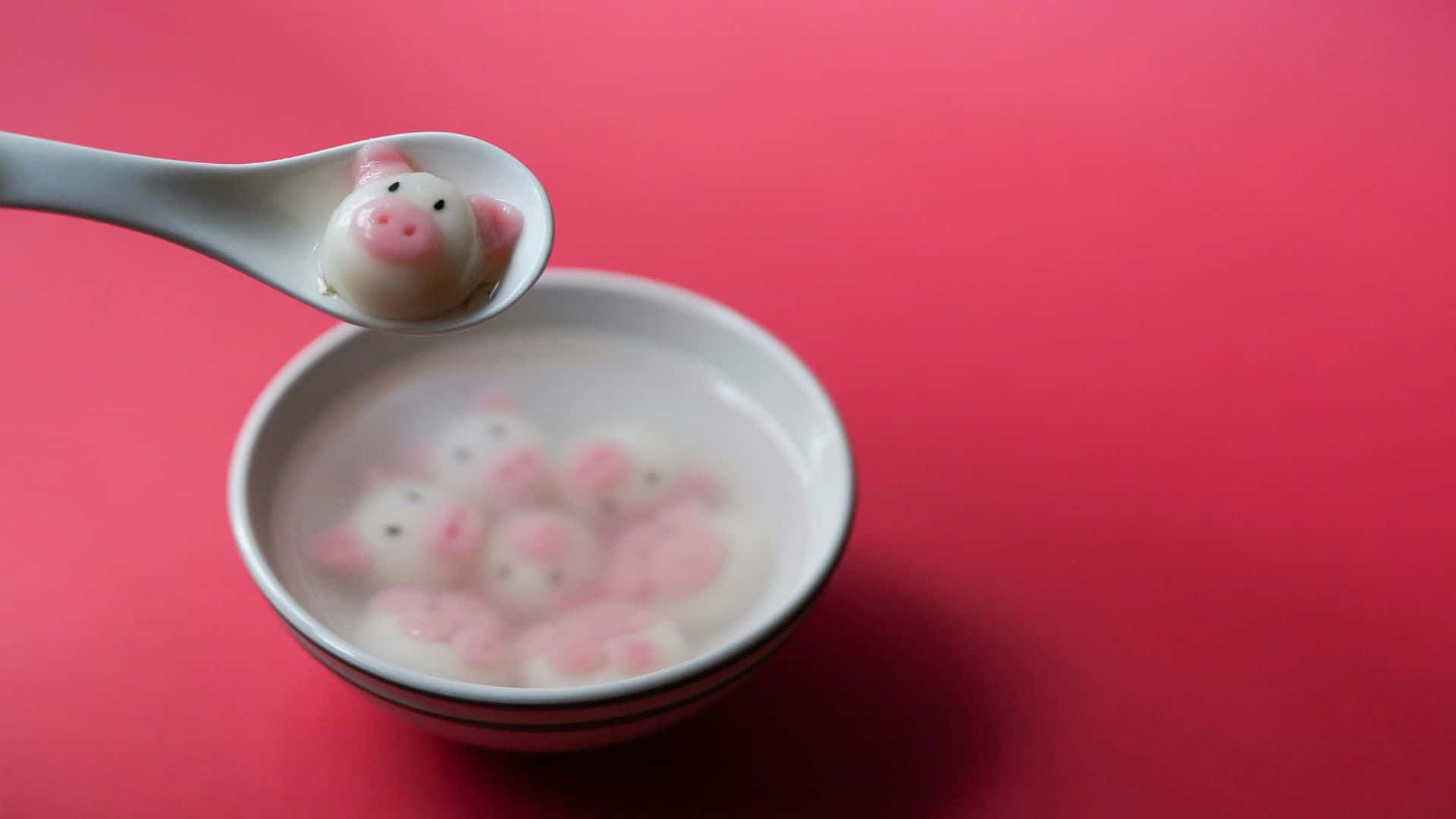 pink pig-shaped dumpling, white spoon, bowl of clear broth, Full HD Desktop Wallpaper