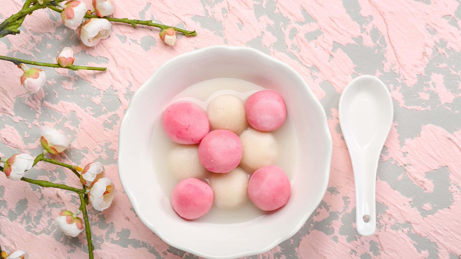 tangyuan, pink and white glutinous rice balls, clear broth, Full HD Desktop Wallpaper