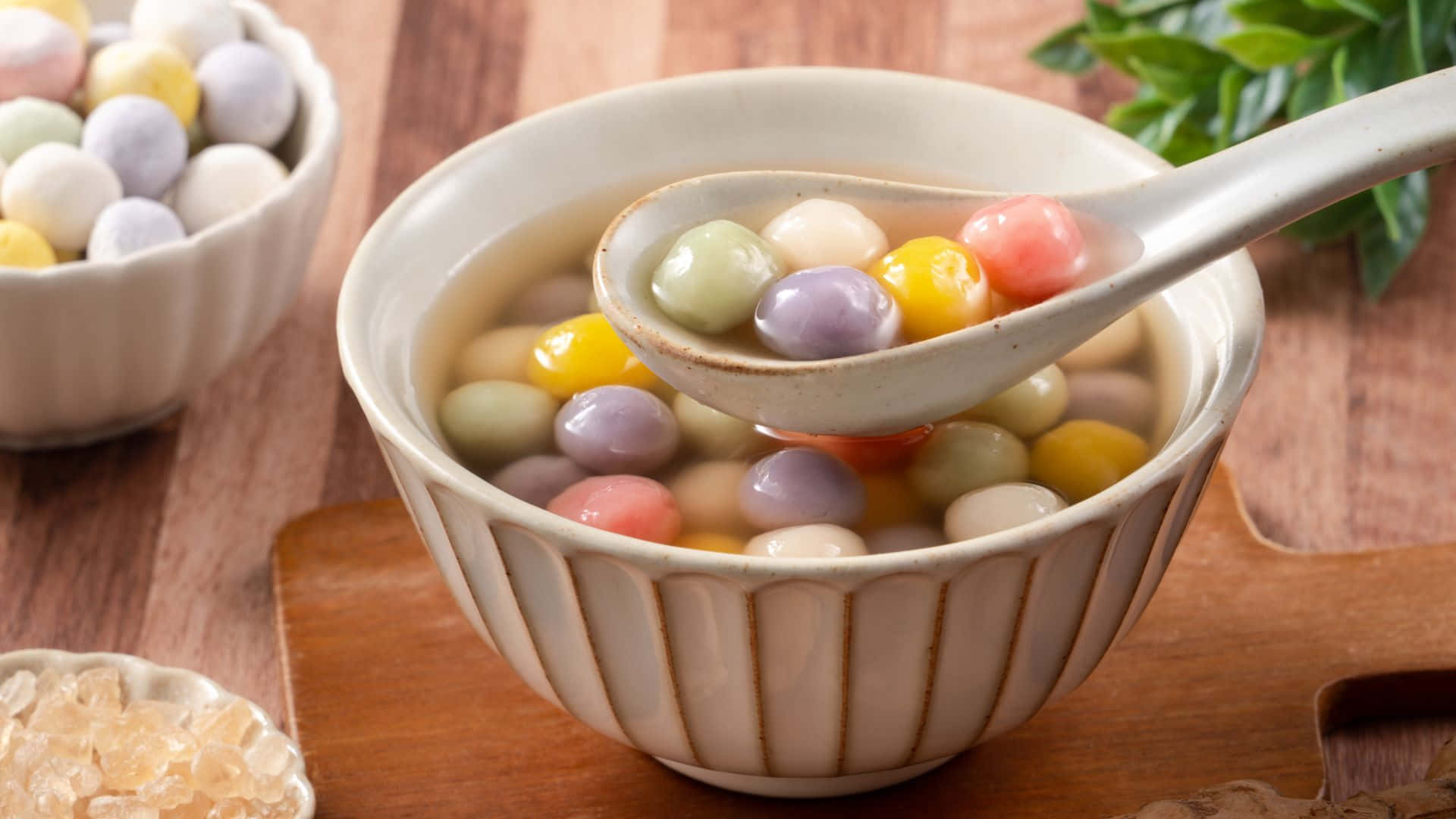 colorful tangyuan dessert, ceramic bowl, translucent tapioca pearls, Full HD Desktop Wallpaper