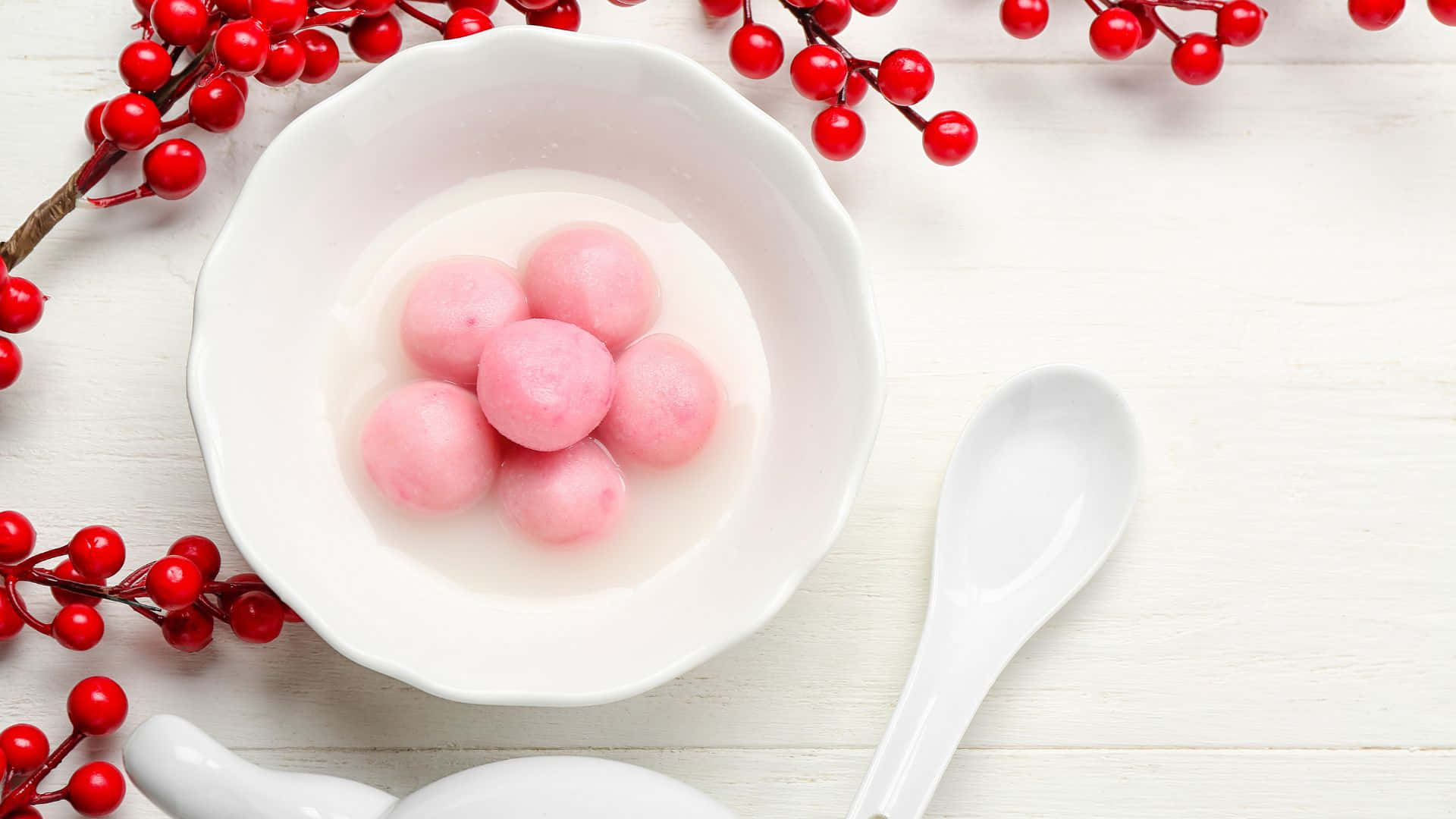 pink tangyuan, sweet soup, white bowl, Full HD Desktop Wallpaper