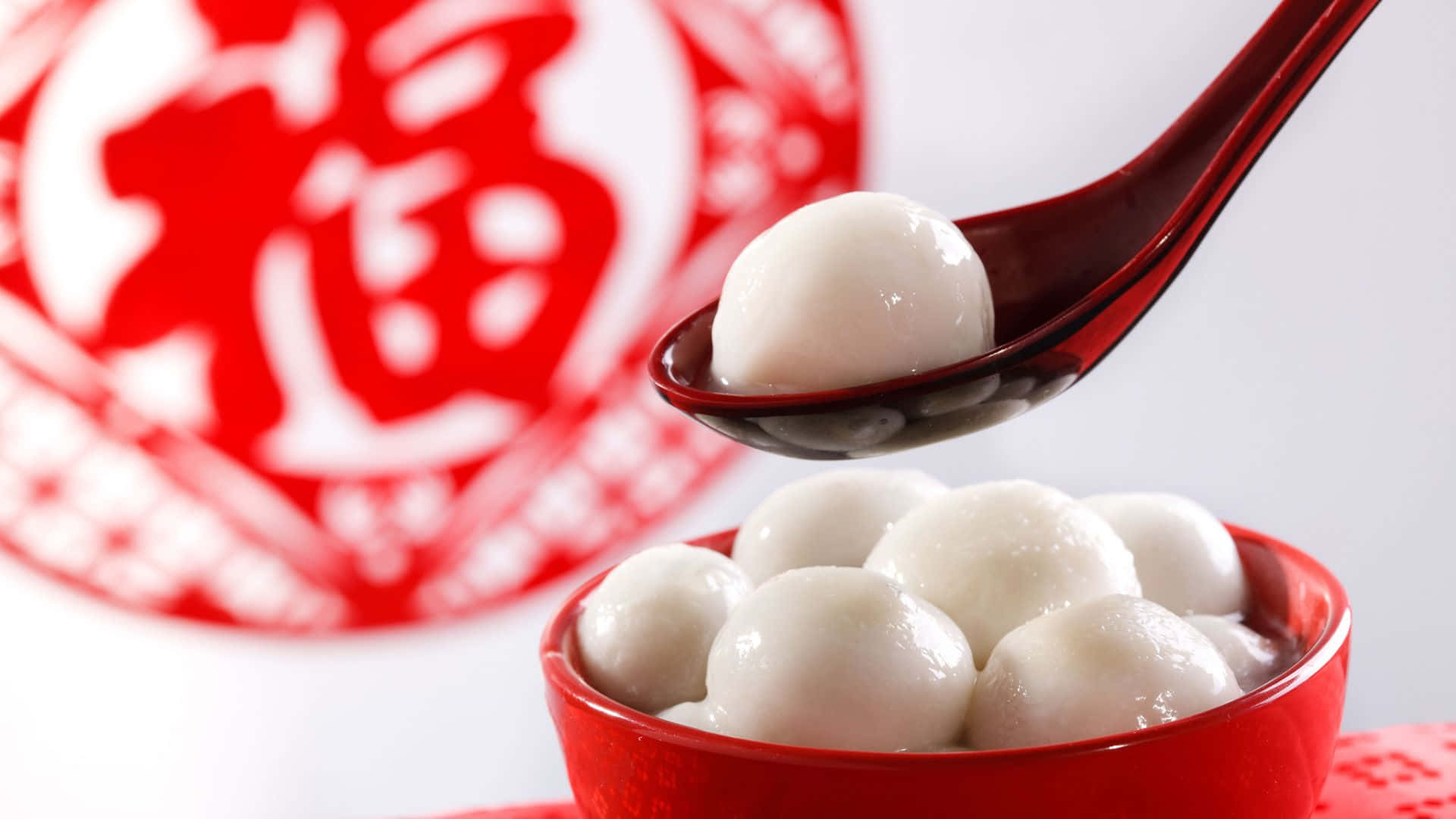 tangyuan, glossy white, red spoon, Full HD Desktop Wallpaper