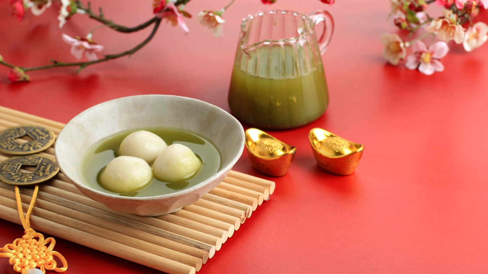 tangyuan, green tea, ceramic bowl, Full HD Desktop Wallpaper