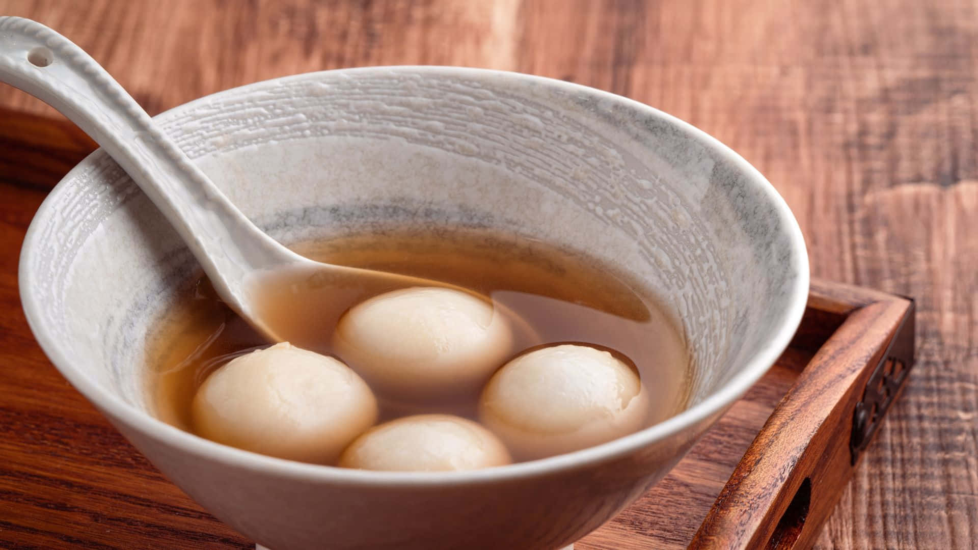 ceramic bowl, glutinous rice balls, amber broth, Full HD Desktop Wallpaper