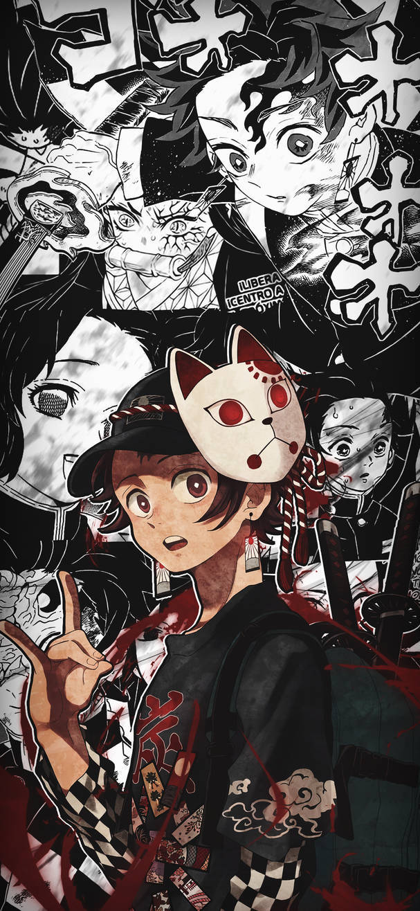Tanjiro, fox mask, black and white warrior faces, HD Phone Wallpaper