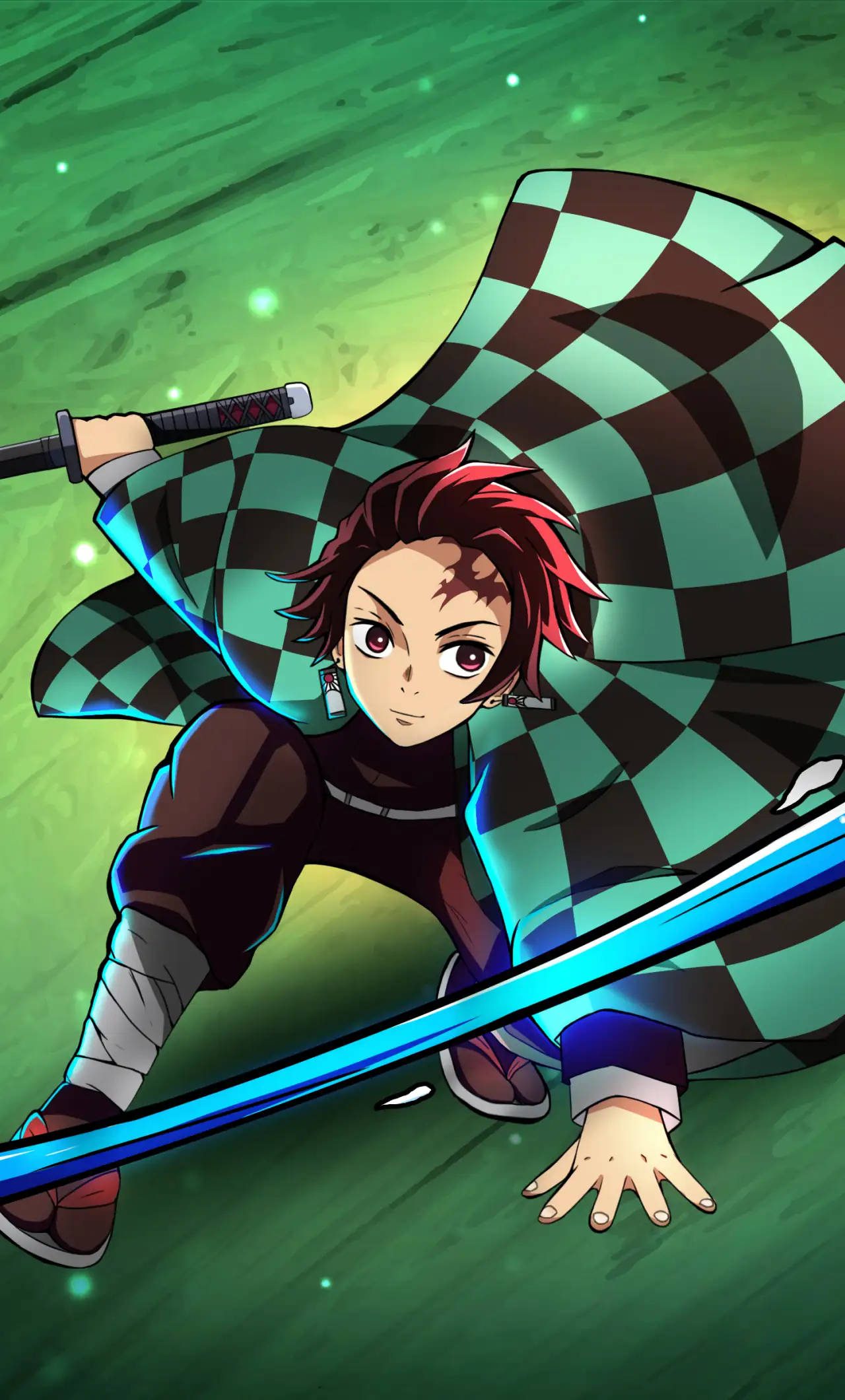 Tanjiro, checkered cloak, glowing blue sword, Full HD Phone Wallpaper