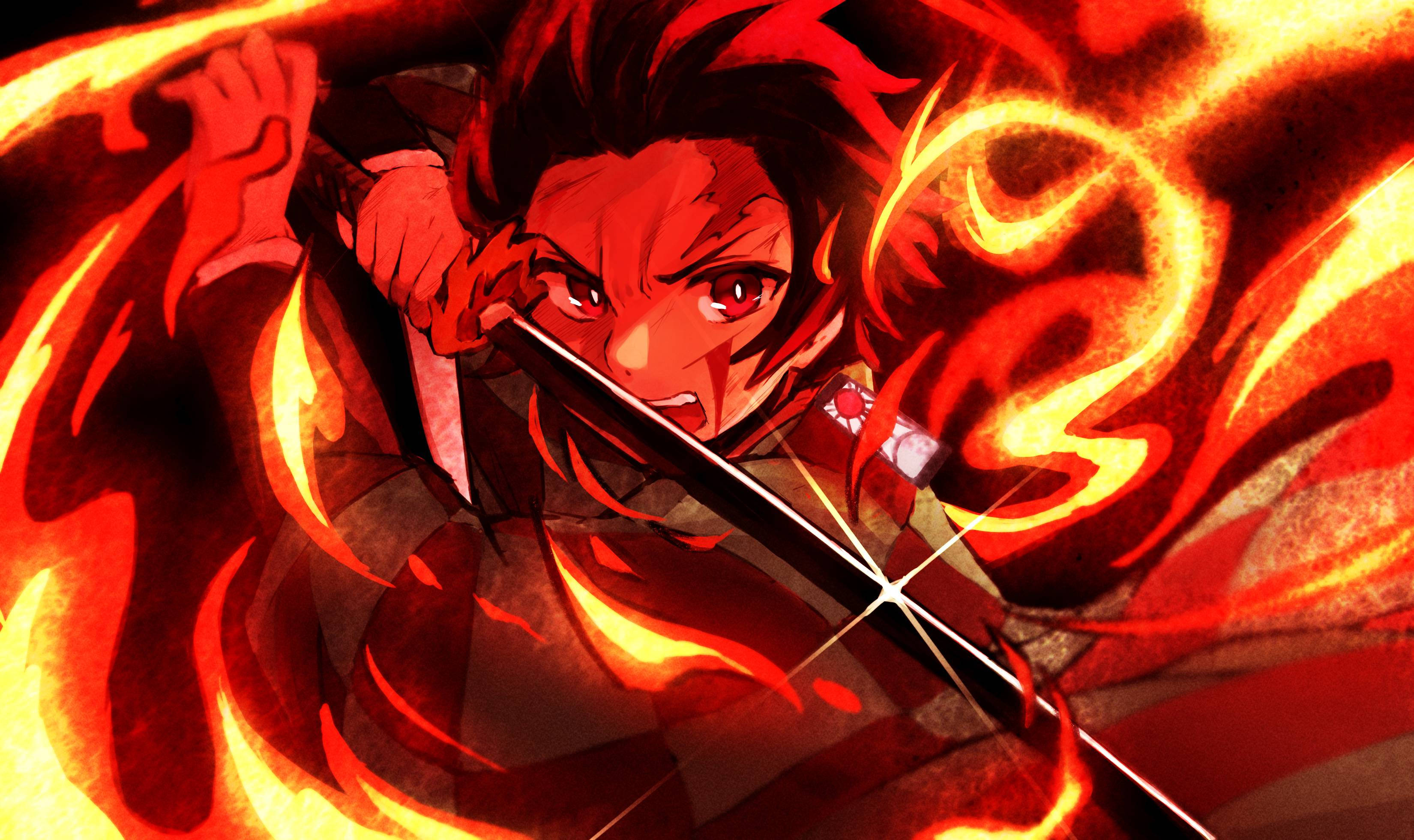 Tanjiro, firey red hair, sword, 2K Desktop Wallpaper