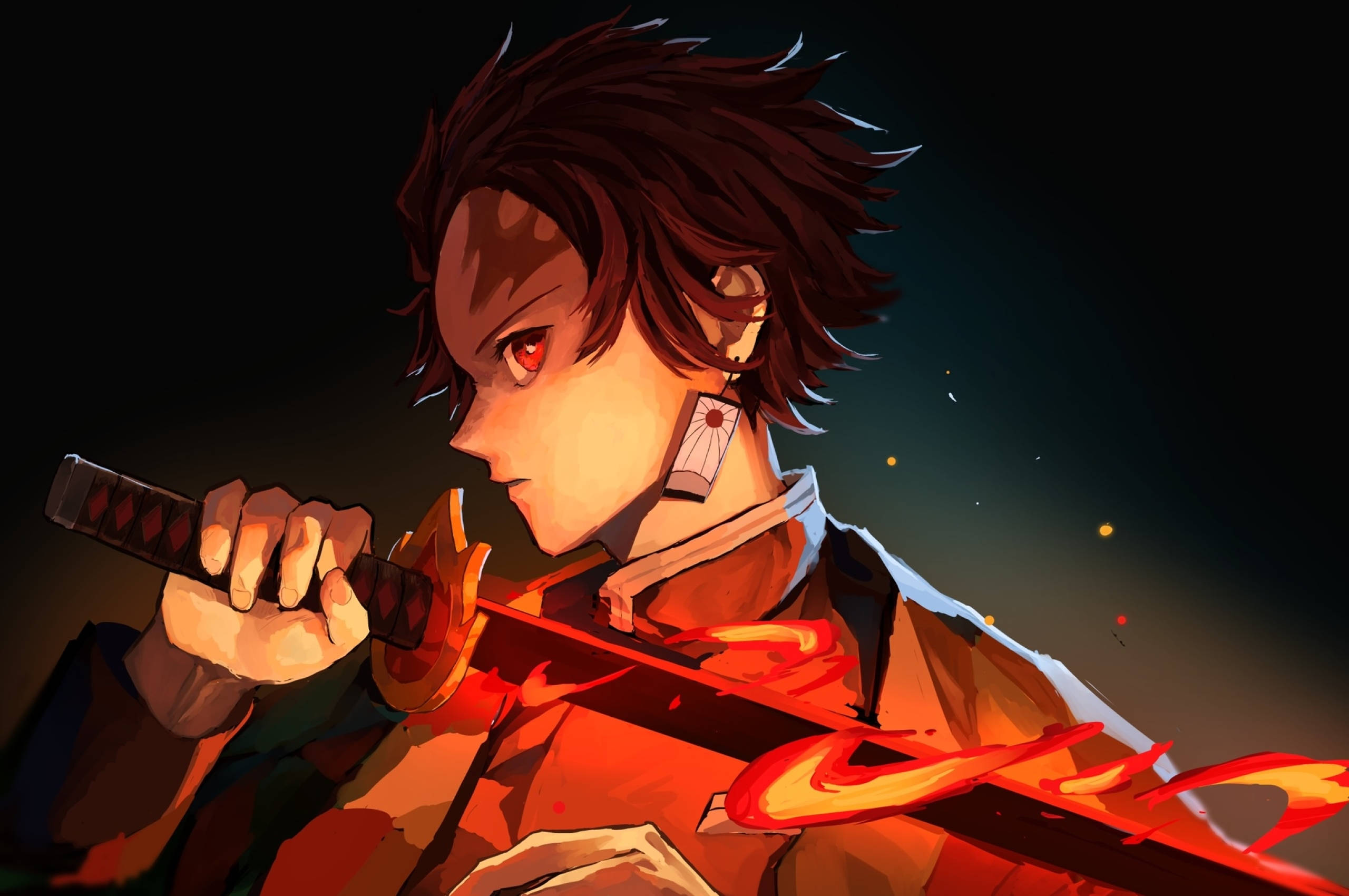 Tanjiro Aesthetic, flames, red eyes, 2K Desktop Wallpaper