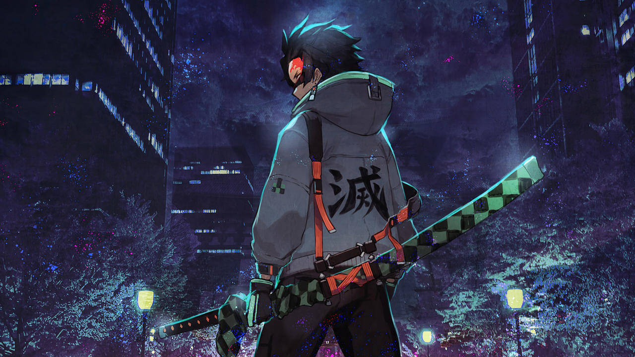 Tanjiro, grey hoodie, kanji, HD Desktop Wallpaper