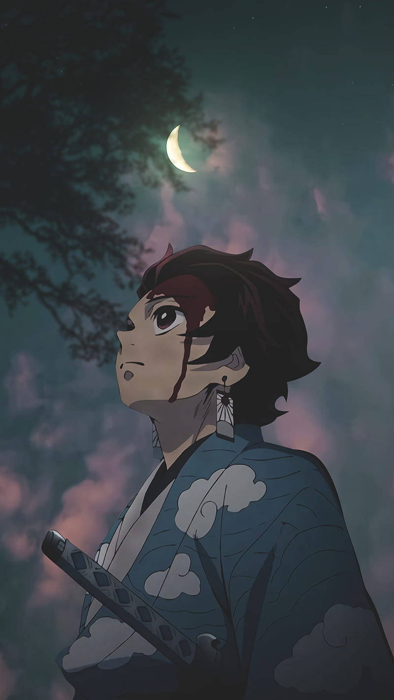 Tanjiro, cloud-patterned kimono, crescent moon, HD Phone Wallpaper