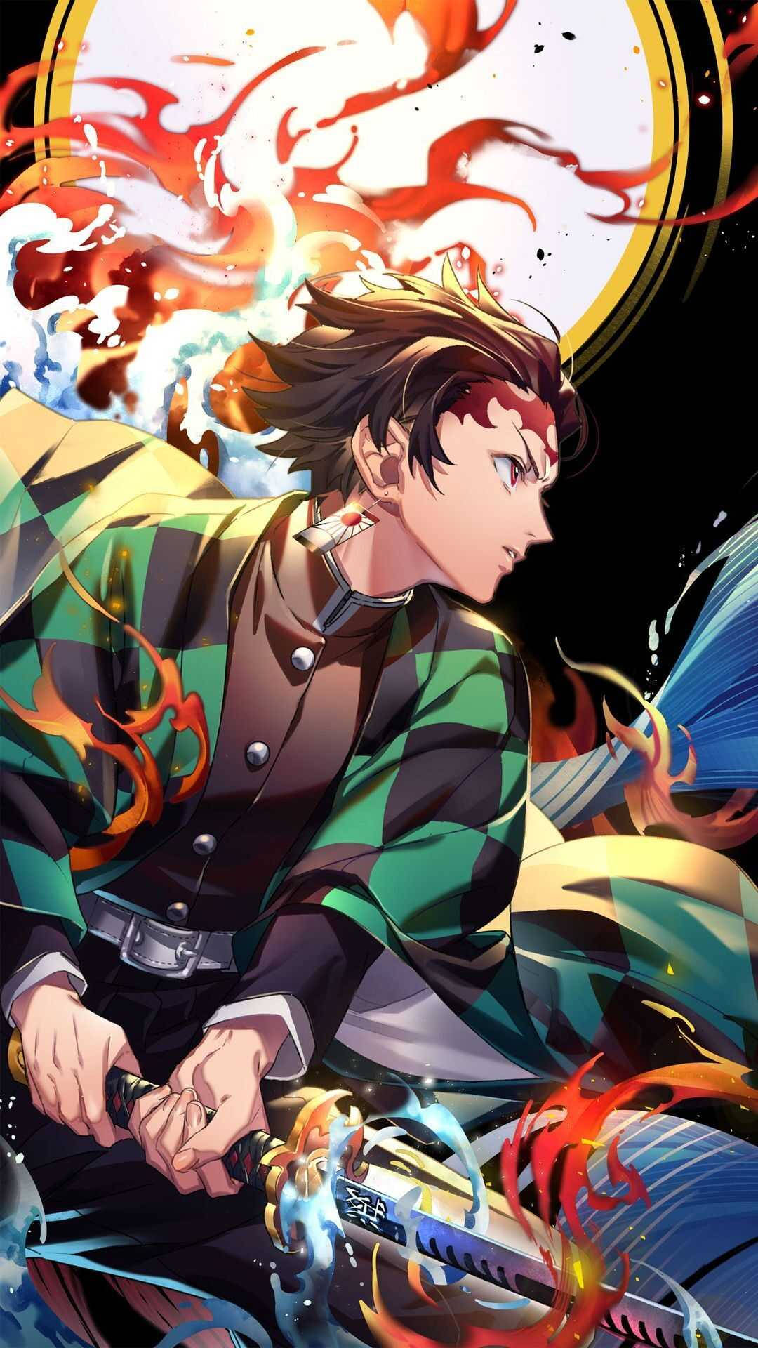 Tanjiro Aesthetic, firey hair, glowing sword, Full HD Phone Wallpaper