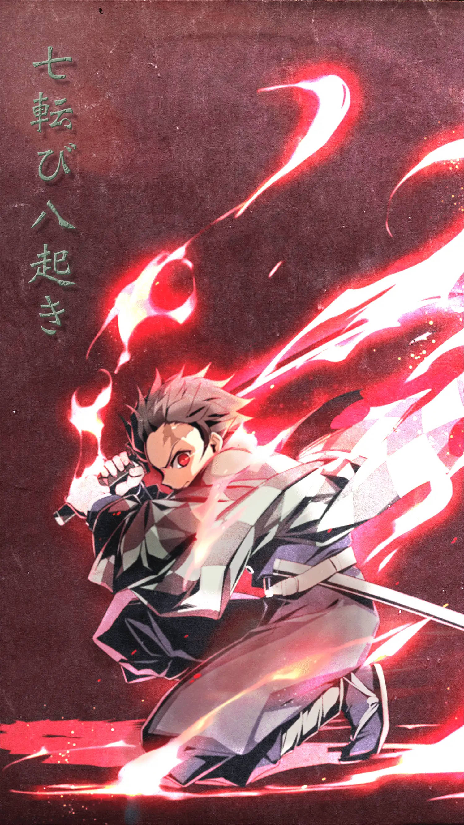 Tanjiro Aesthetic, red flames, glowing red eyes, 2K Phone Wallpaper
