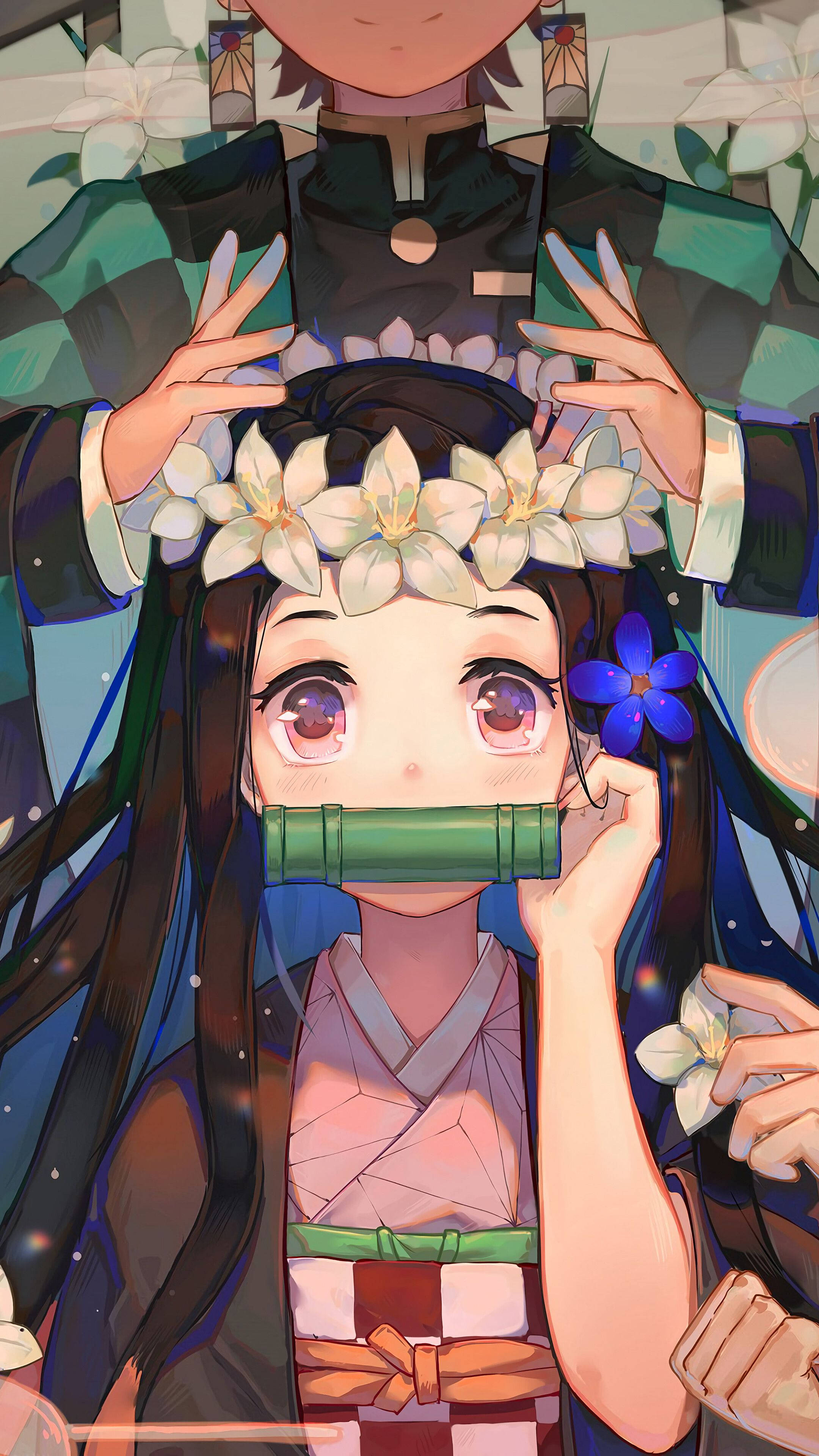 Tanjiro, Nezuko, flower crown, 4K Phone Wallpaper