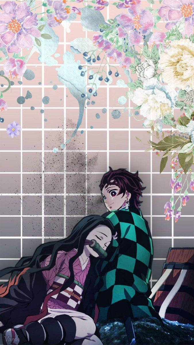 Tanjiro, Nezuko, floral patterns, SD Phone Wallpaper