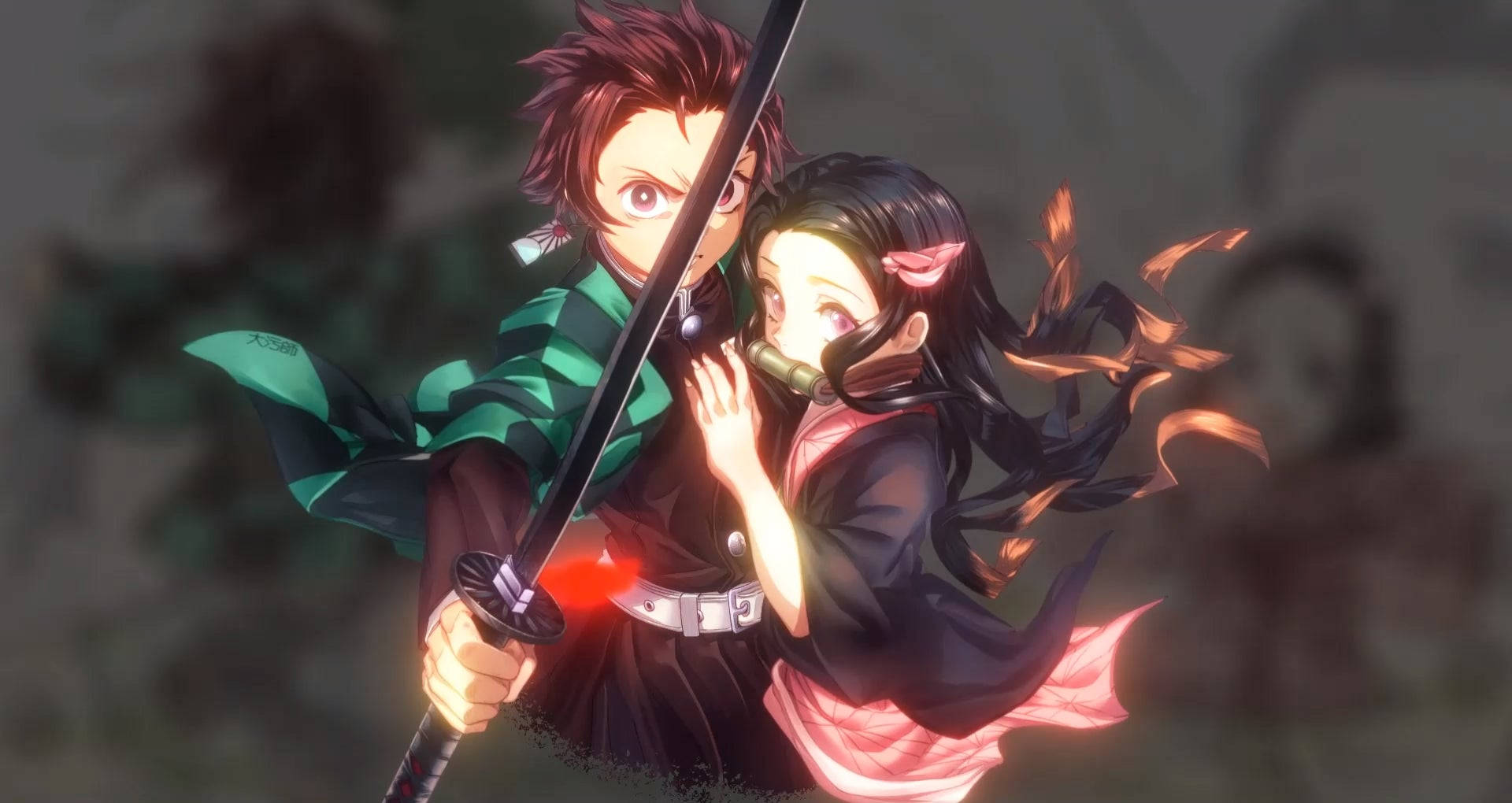 Tanjiro, Nezuko, glowing red aura, Full HD Desktop Wallpaper