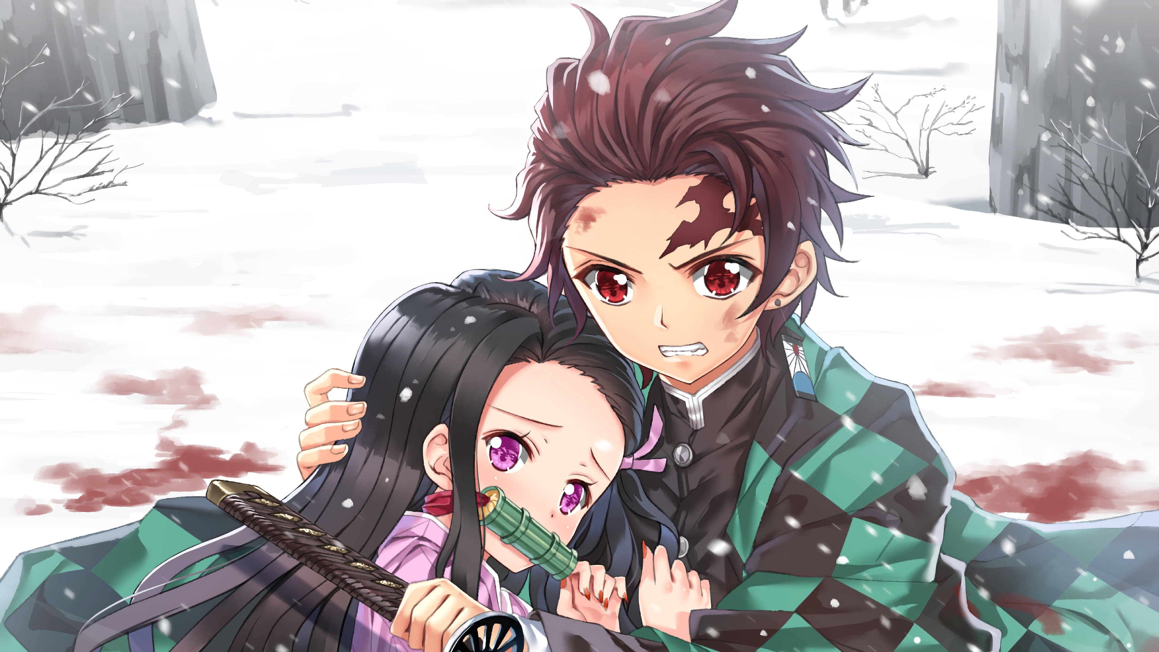 Tanjiro, Nezuko, snowy field, 4K Desktop Wallpaper