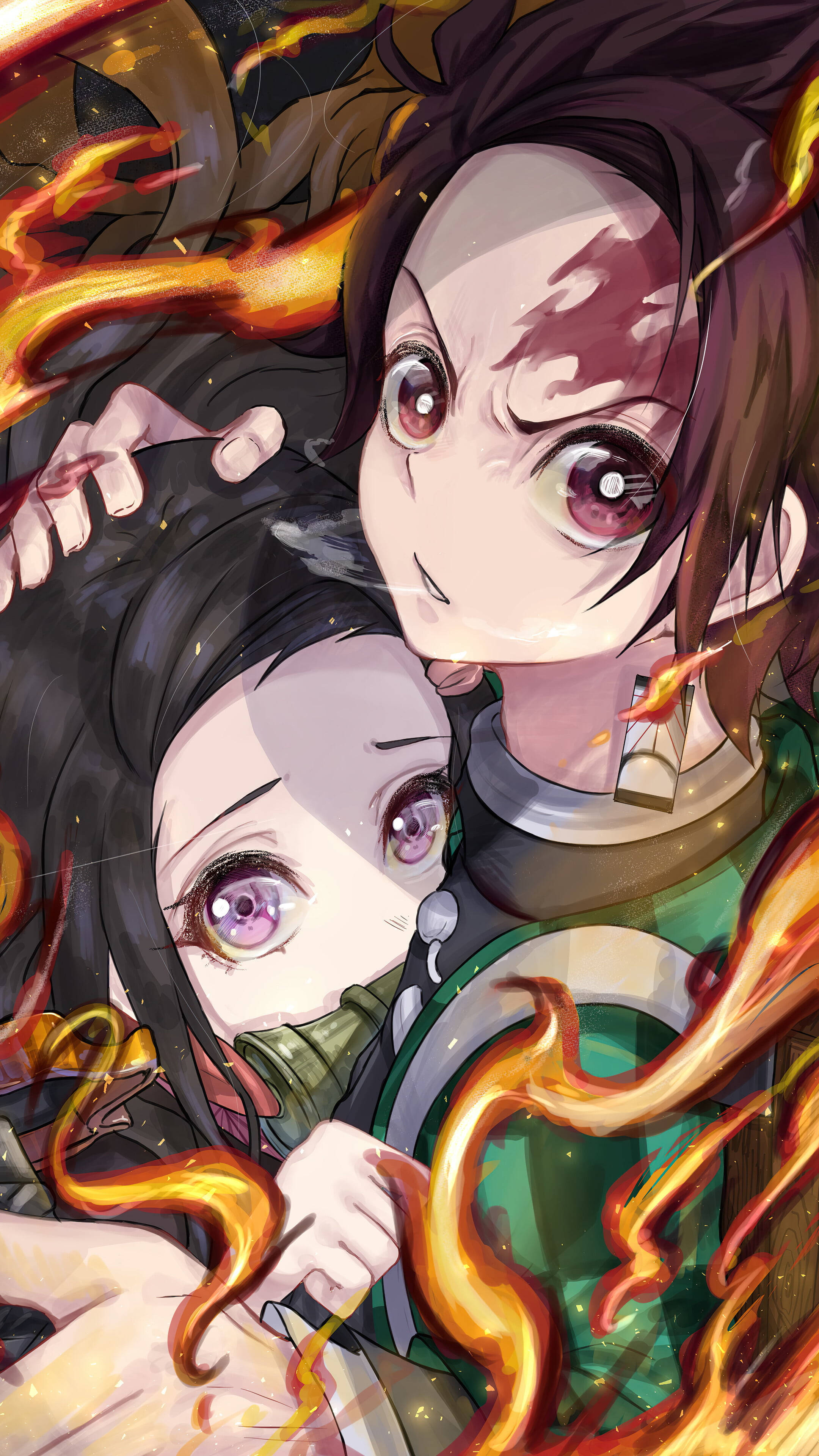 Tanjiro, Nezuko, flames, 4K Phone Wallpaper