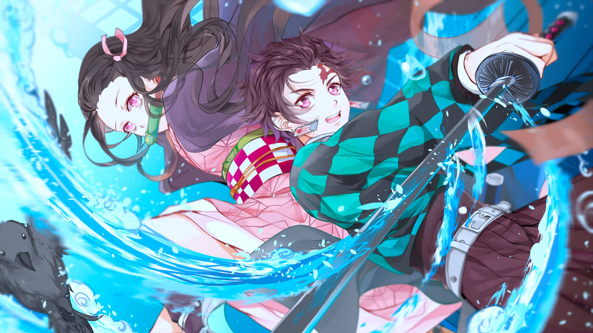 Tanjiro, Nezuko, blue background, Full HD Desktop Wallpaper