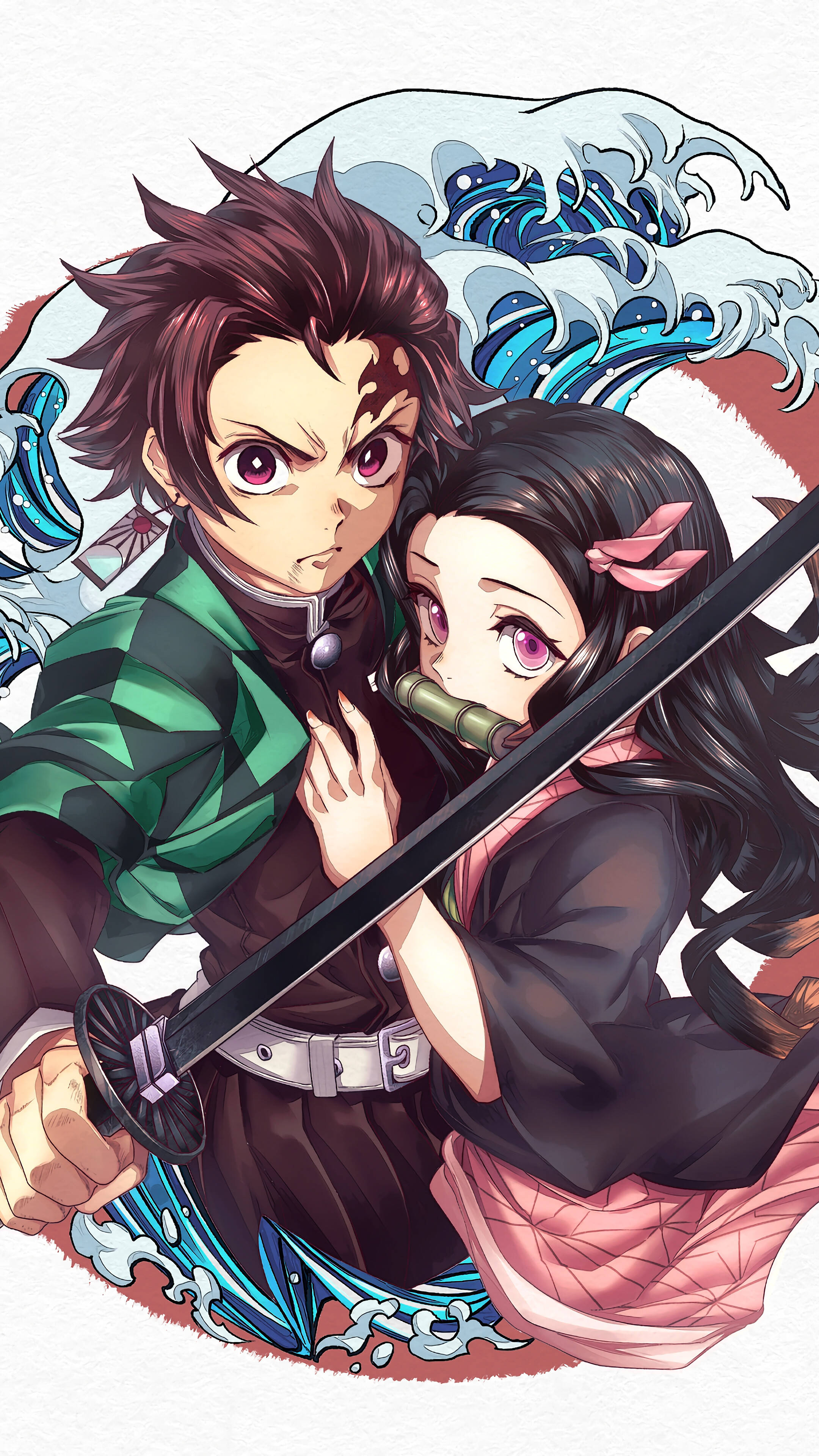 Tanjiro, Nezuko, Water Wave Sword, 4K Phone Wallpaper