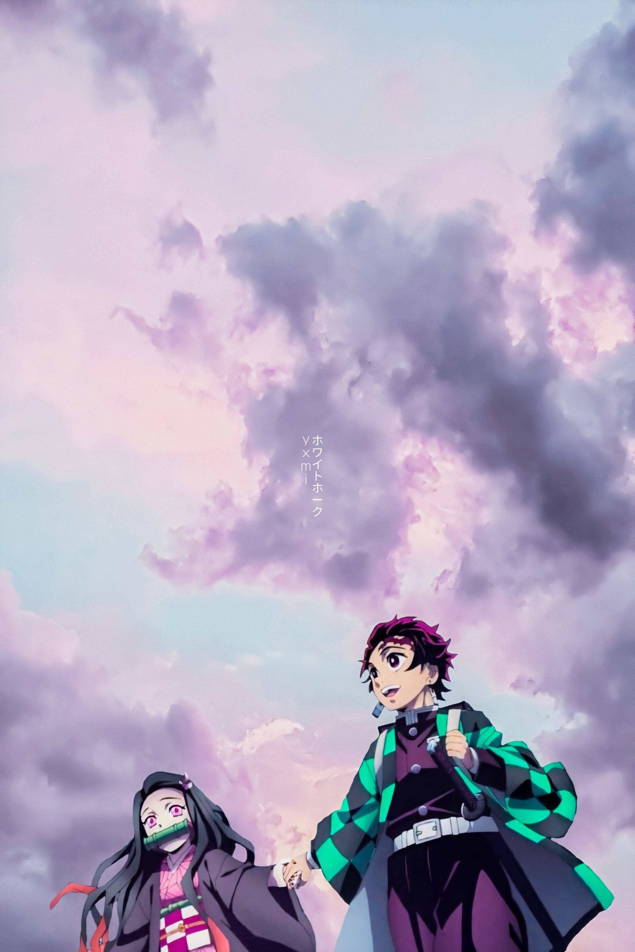 Tanjiro, Nezuko, cloudy sky, 2K Phone Wallpaper