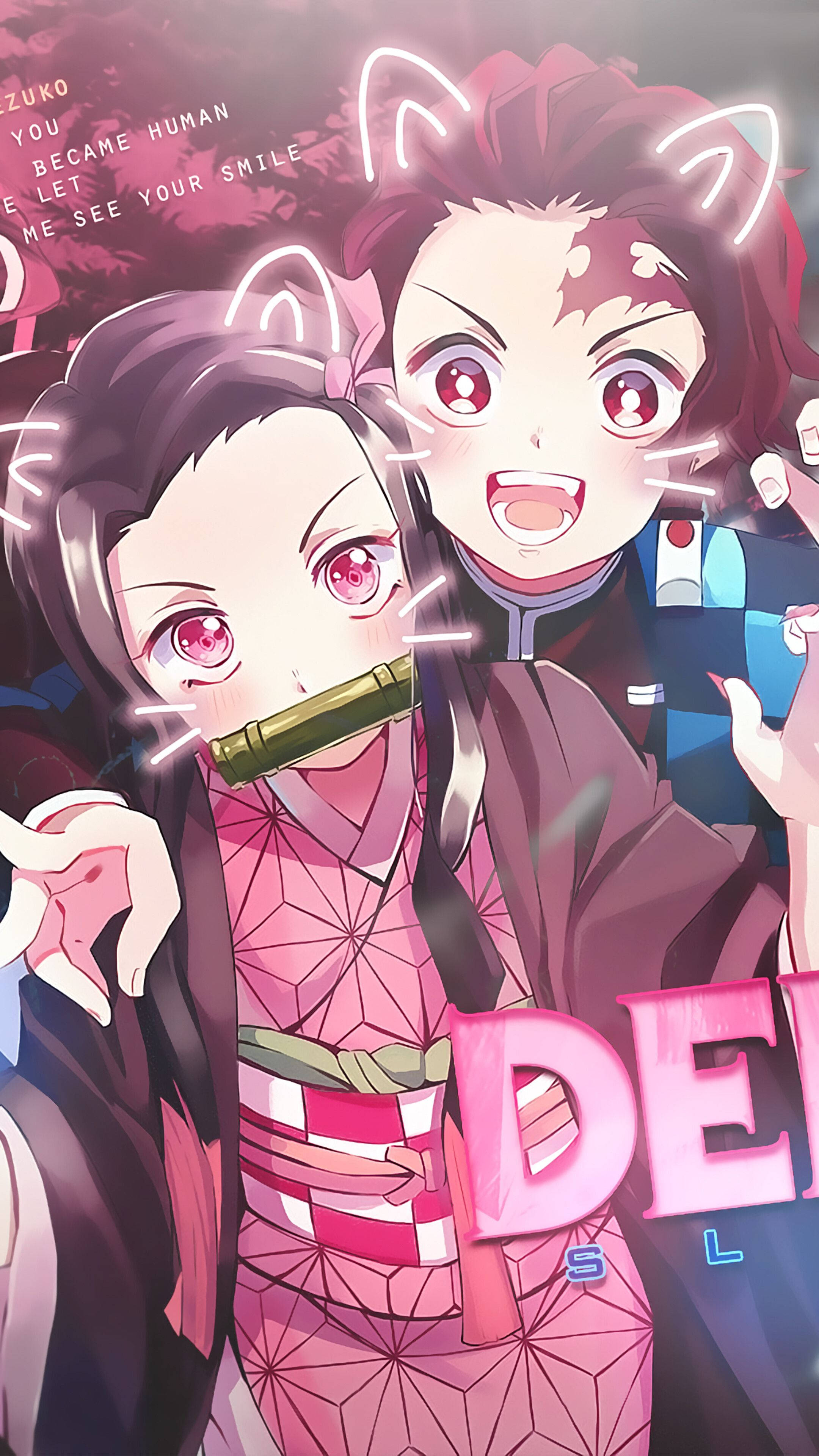 Tanjiro, Nezuko, cat ears, 4K Phone Wallpaper