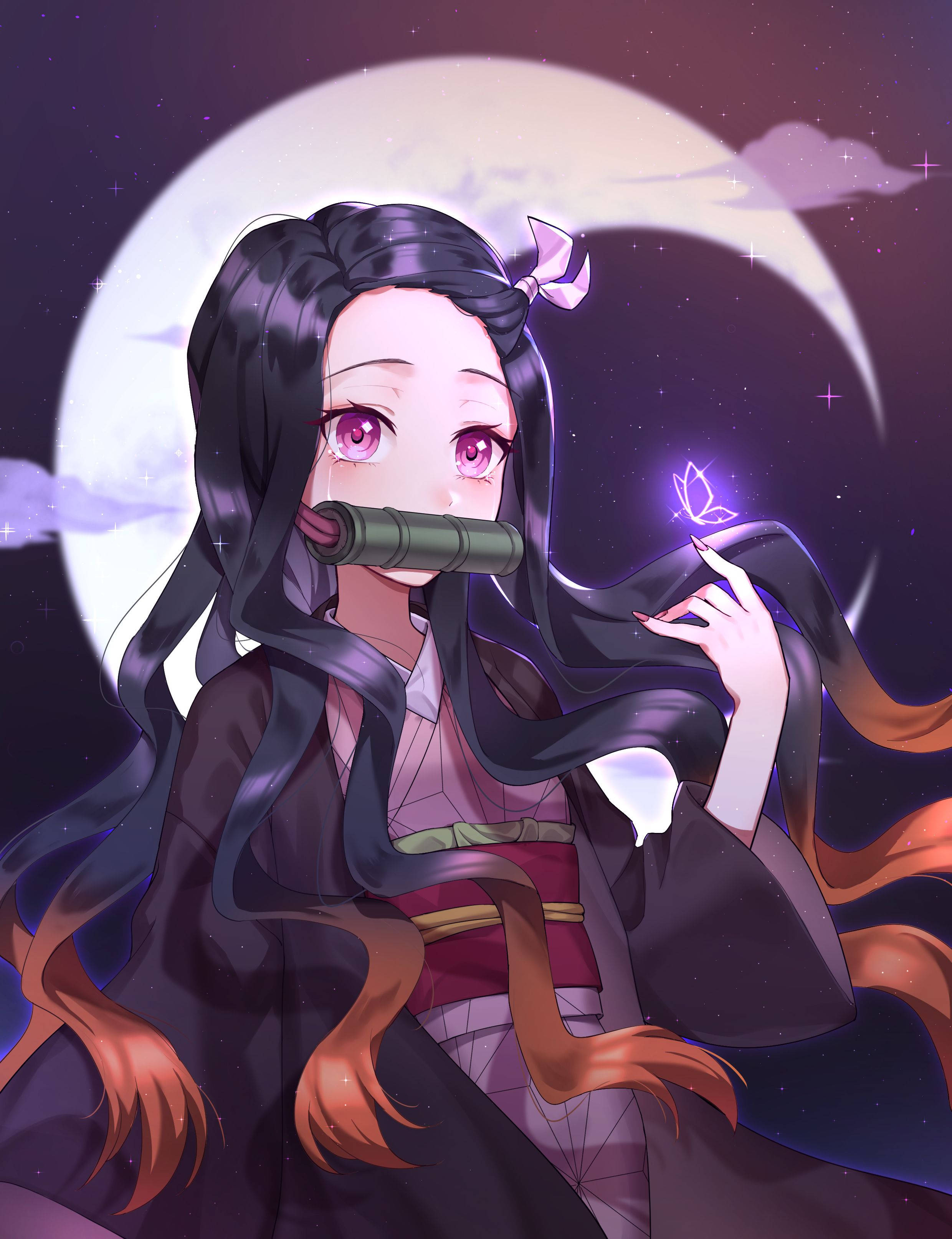 Nezuko, crescent moon, glowing butterfly, 2K Phone Wallpaper